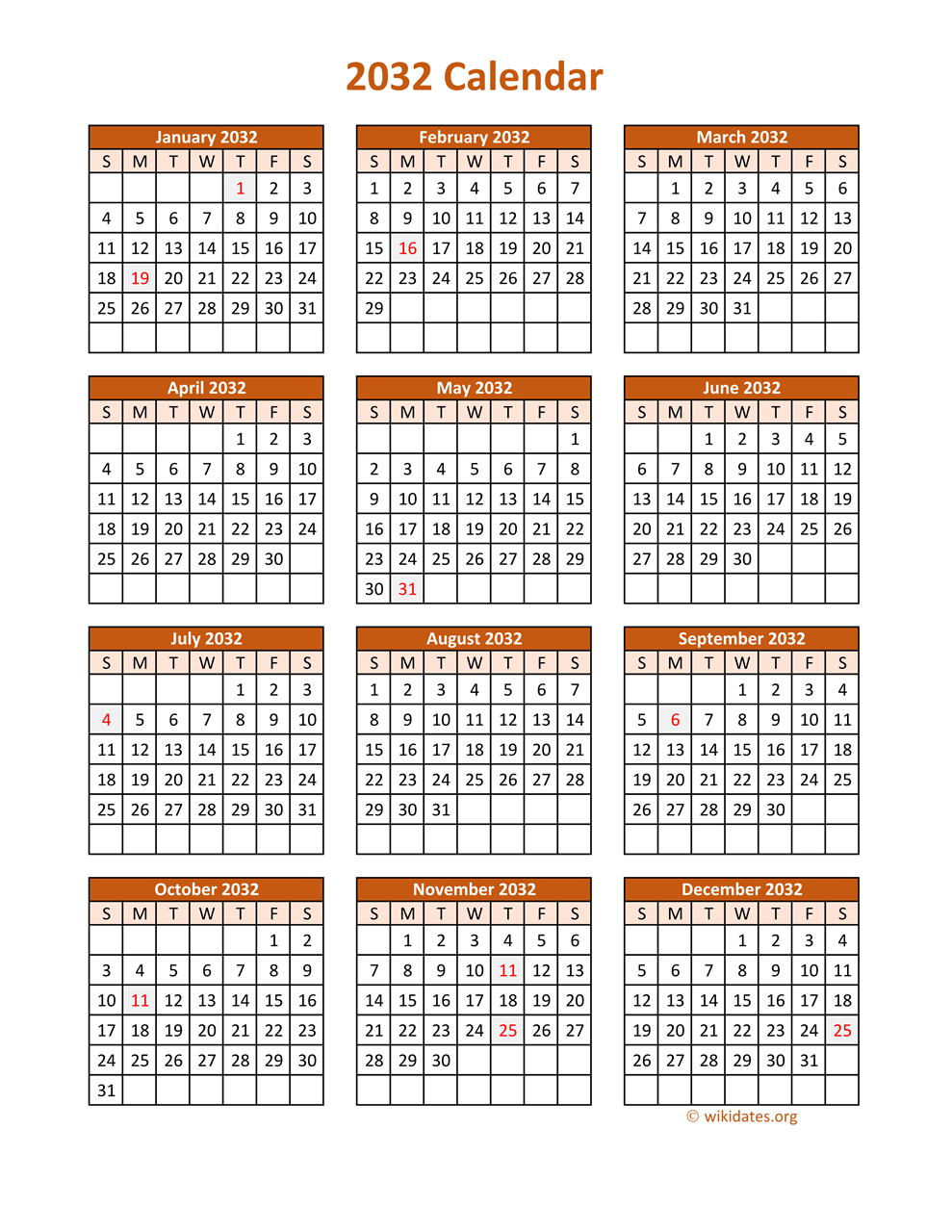 Full Year 2032 Calendar On One Page WikiDates