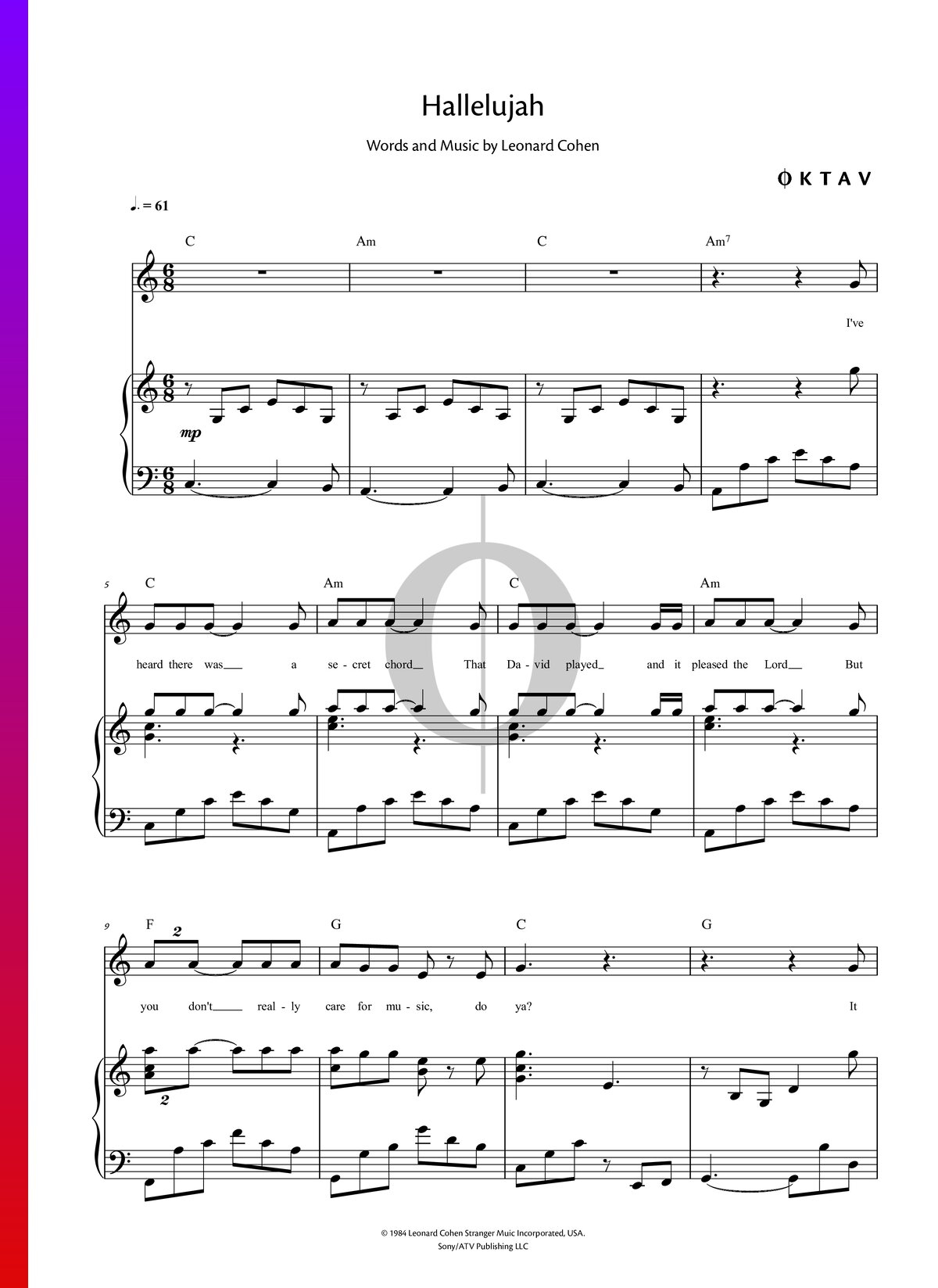 Hallelujah Leonard Cohen Piano Sheet Music OKTAV Hallelujah Leonard Cohen Piano Sheet Music OKTAV