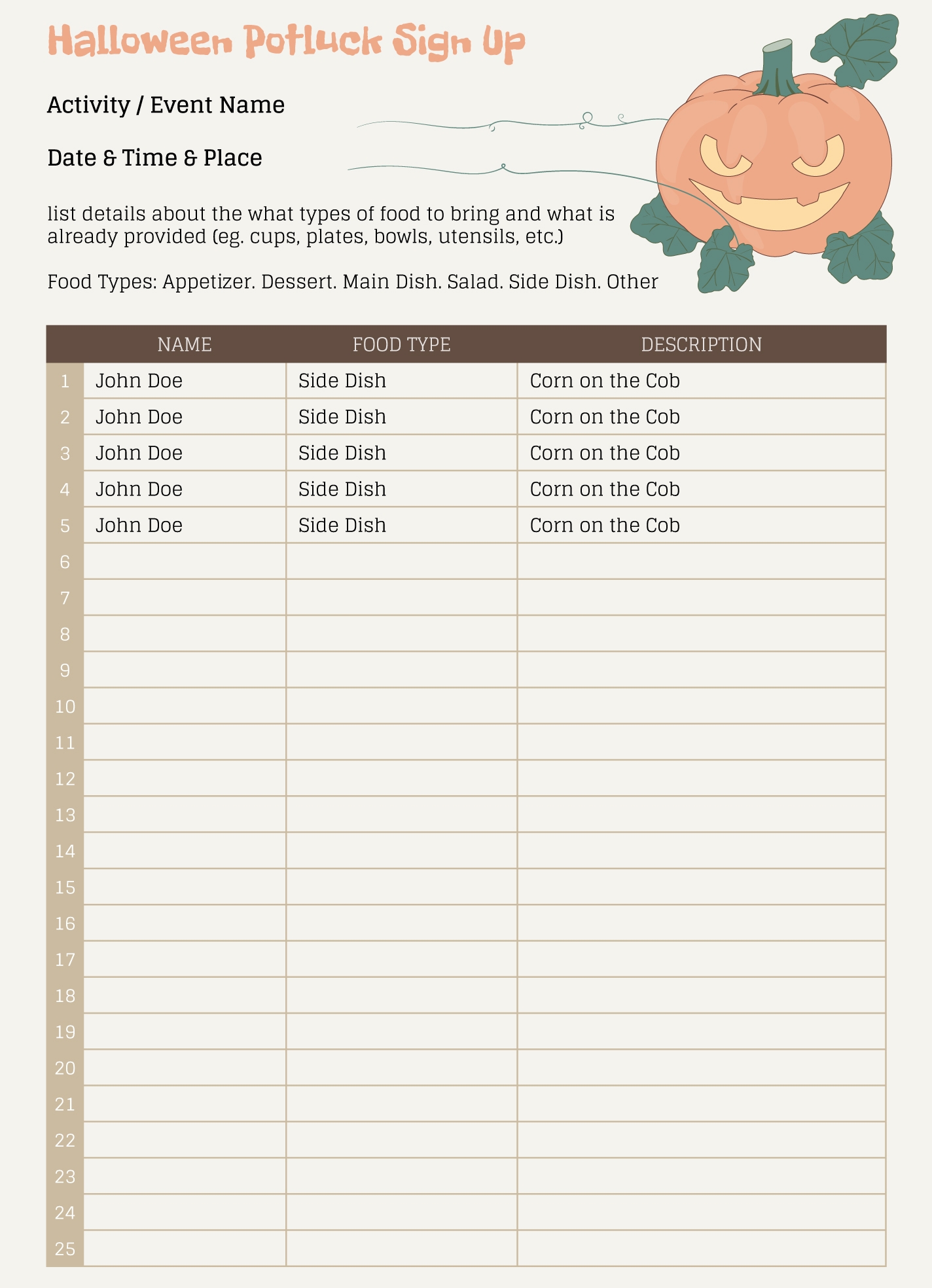 Halloween Potluck List Free Google Docs Template Gdoc io