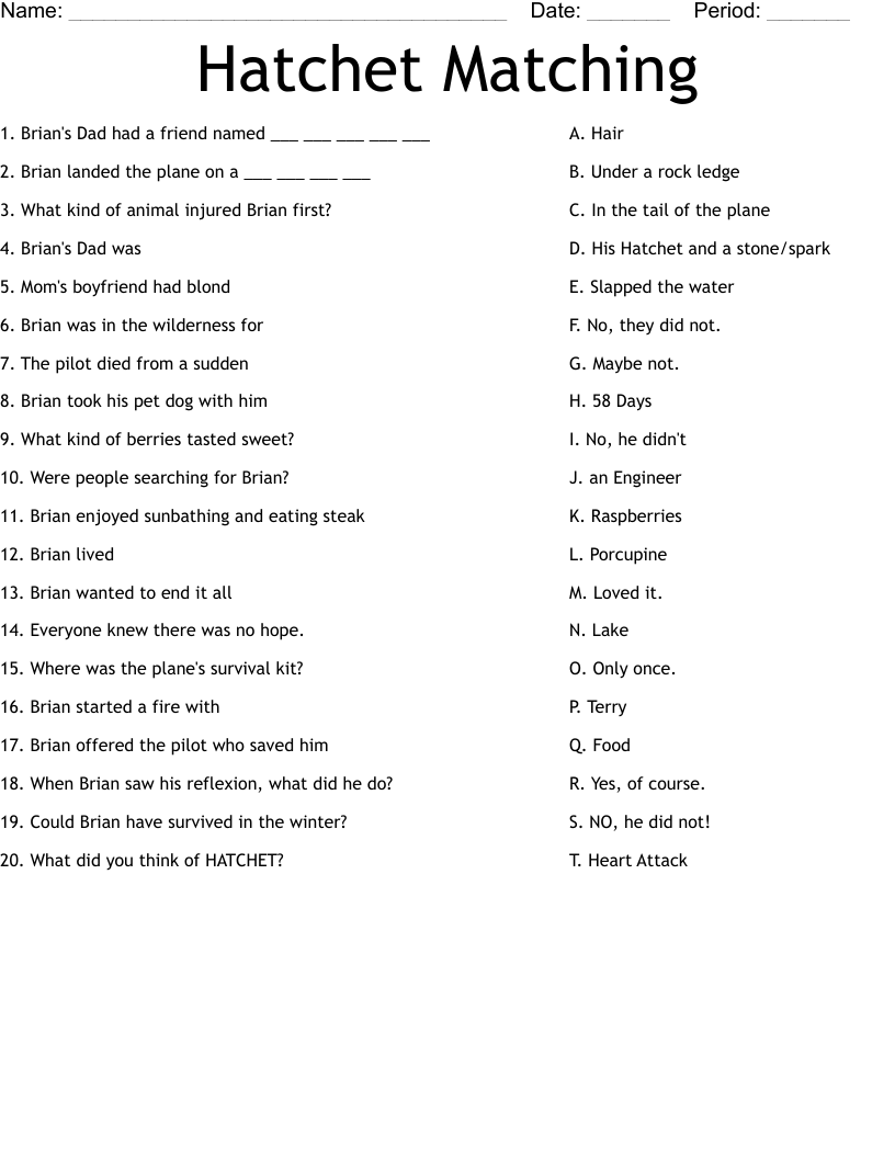 Hatchet Matching Worksheet WordMint Hatchet Matching Worksheet WordMint