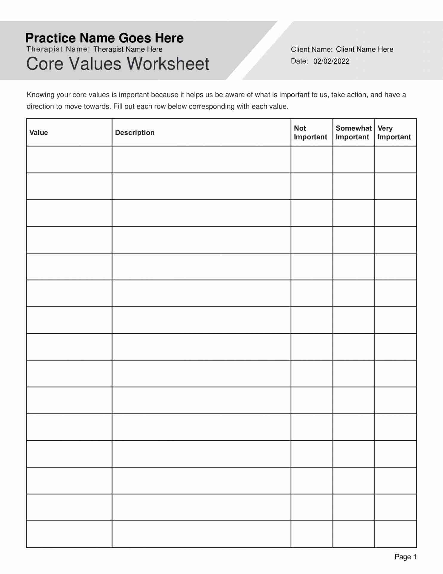 Identifying Core Values Worksheet PDF TherapyByPro