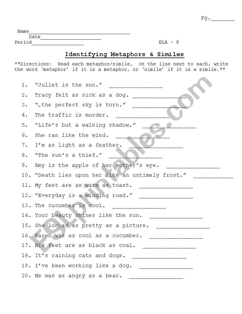 Identifying Similes Metaphors ESL Worksheet By Jridder Identifying Similes Metaphors ESL Worksheet By Jridder