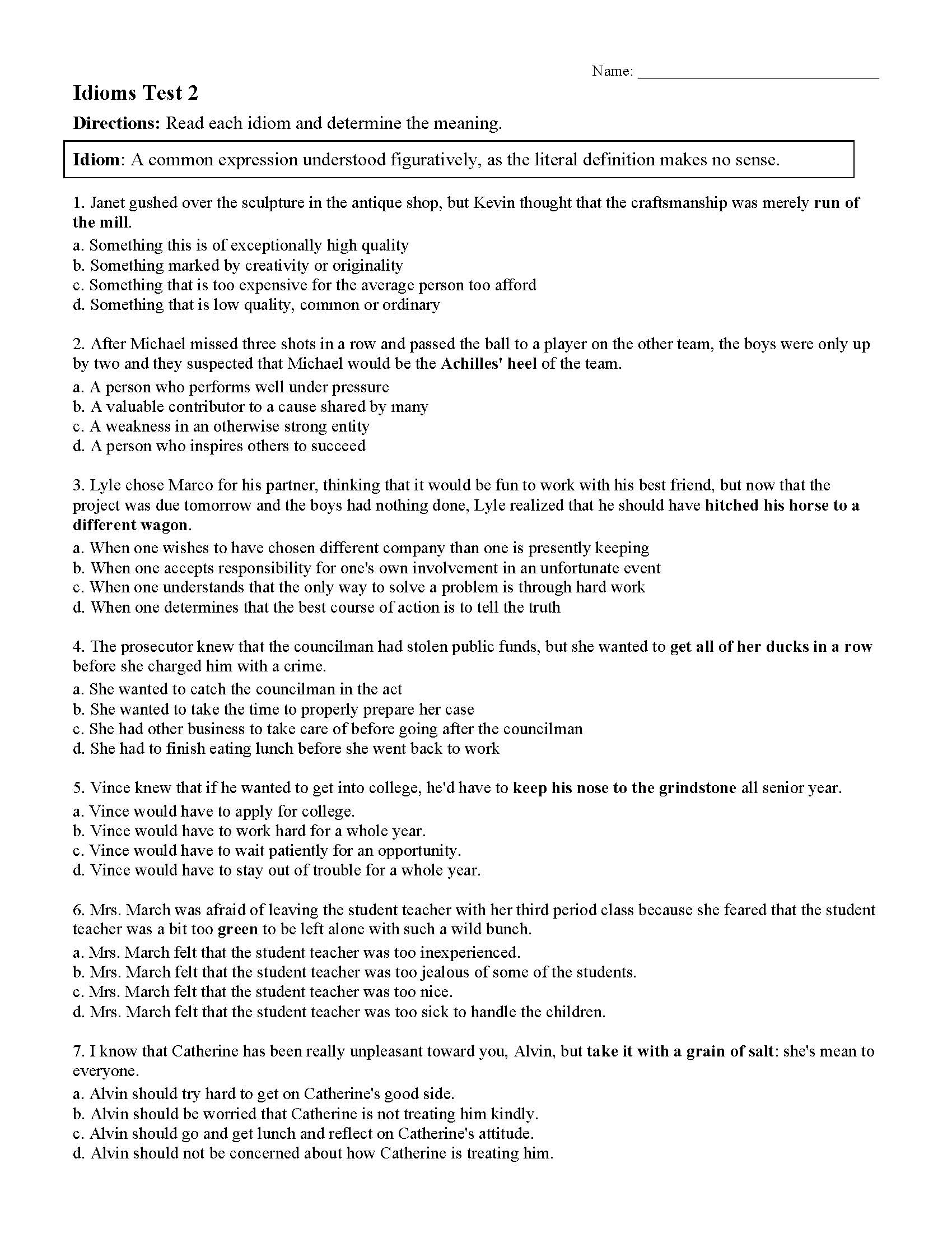 Idiom Worksheets Tests Figurative Language Activities