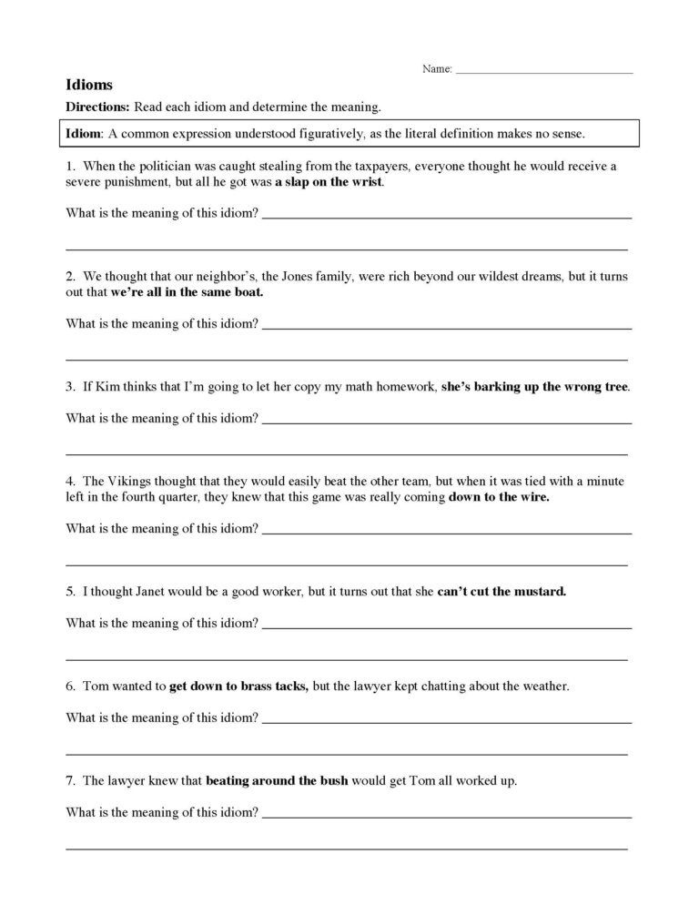 Idiom Worksheets Tests Figurative Language Activities