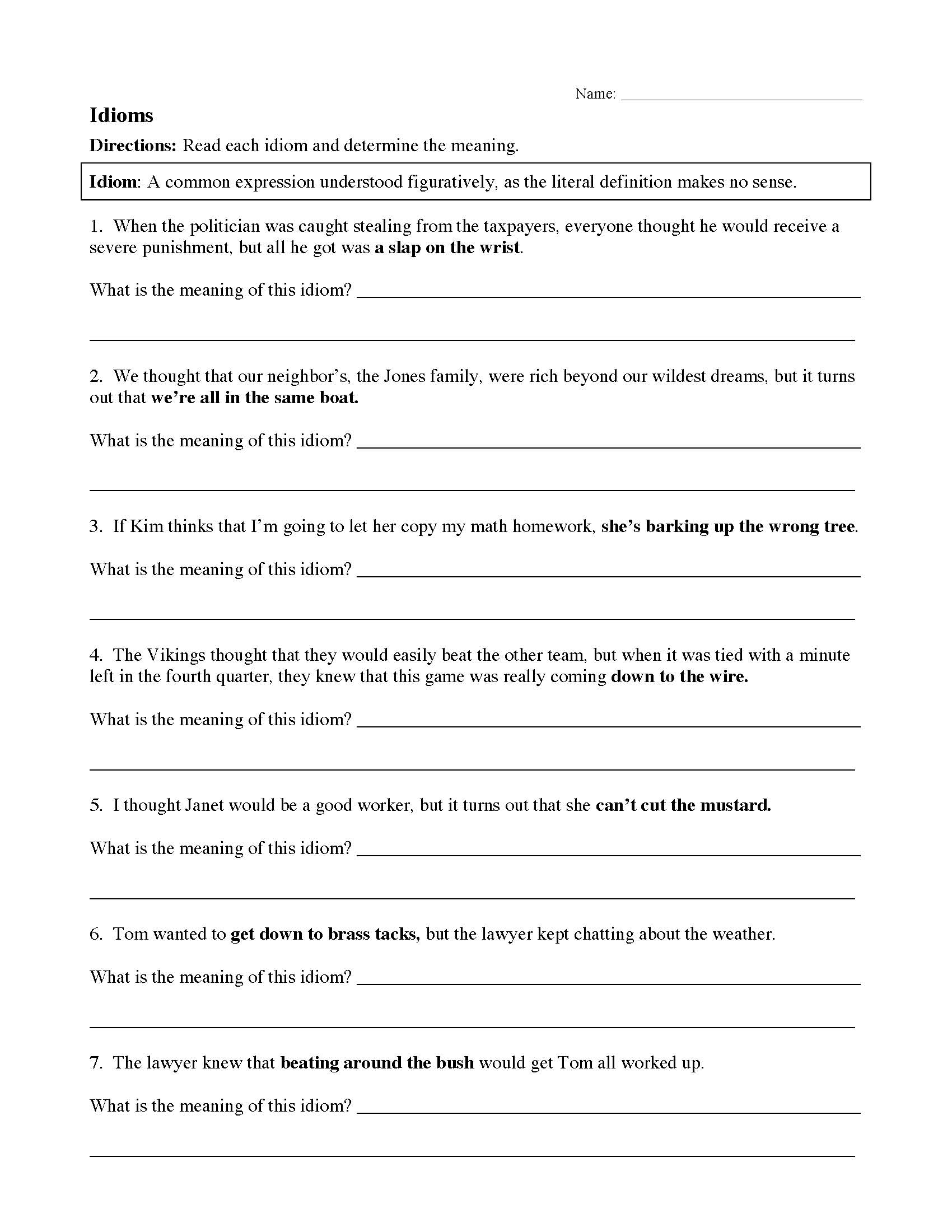 Idiom Worksheets Tests Figurative Language Activities