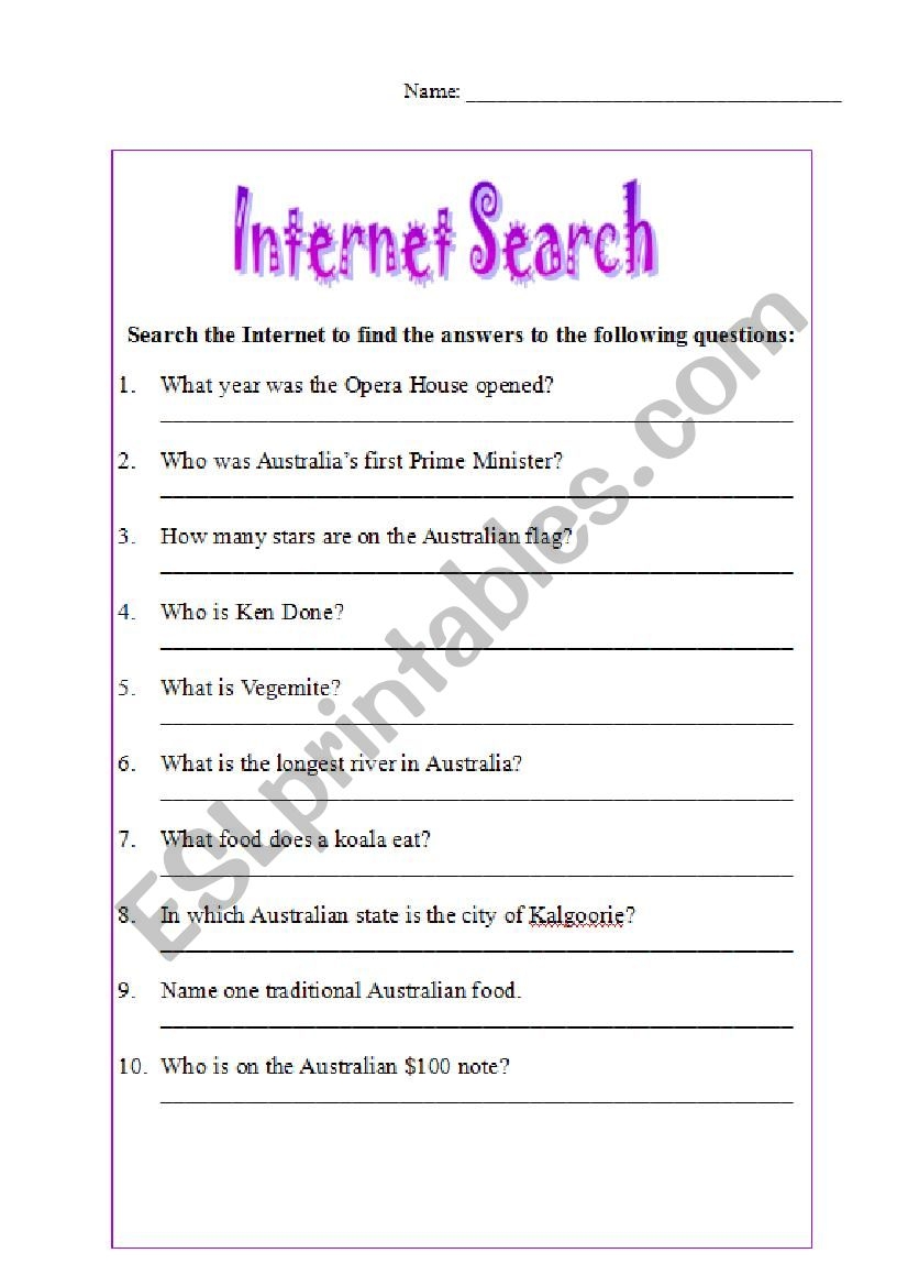 Internet Scavenger Hunt ESL Worksheet By Barb03