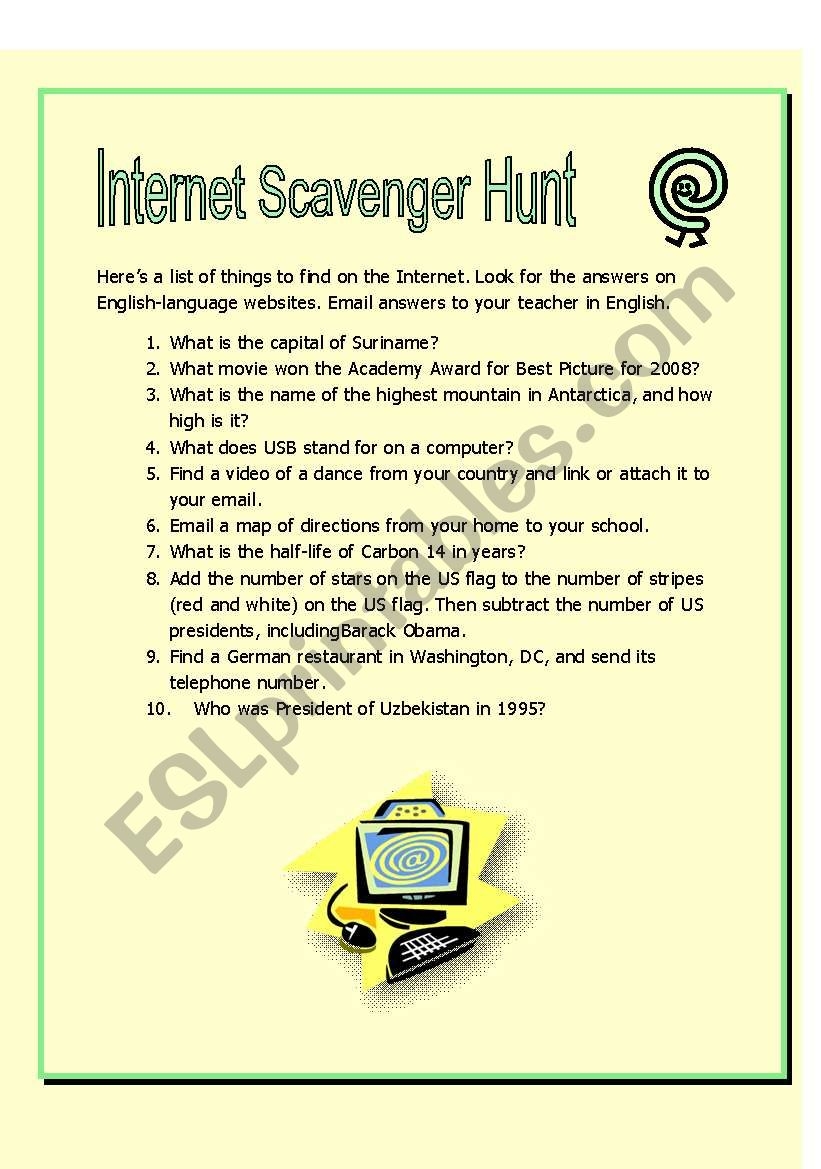 Internet Scavenger Hunt ESL Worksheet By MoodyMoody