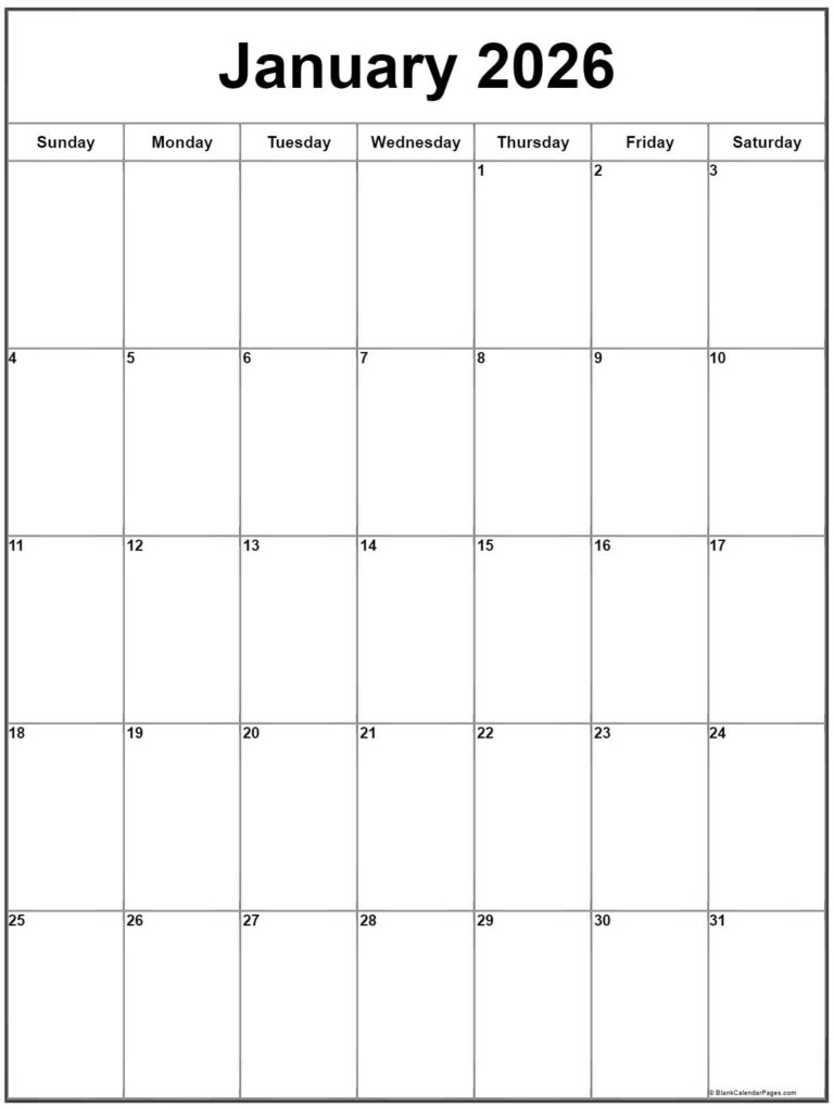 January 2026 Vertical Calendar Portrait