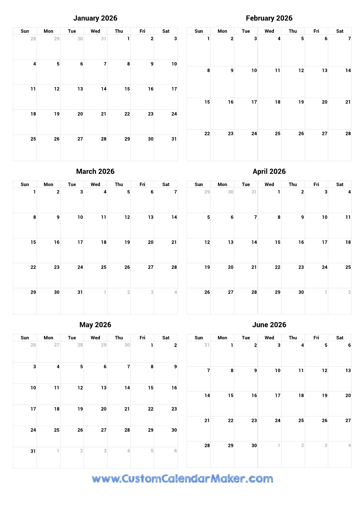 January To June 2026 Printable Calendar Custom Calendar Maker