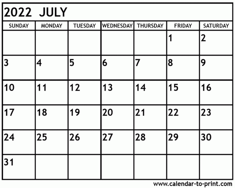 July 2022 Calendar Printable