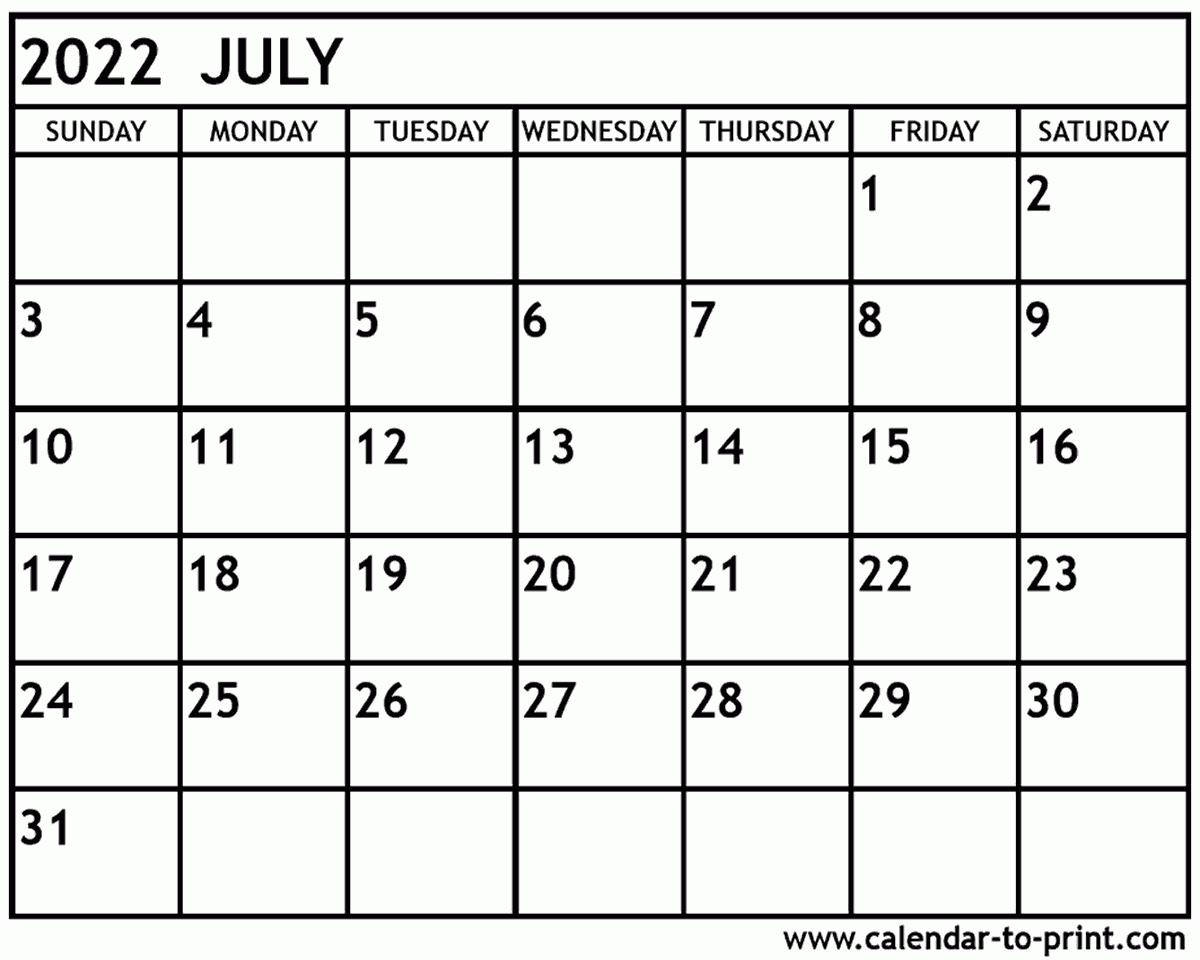 July 2022 Calendar Printable July 2022 Calendar Printable