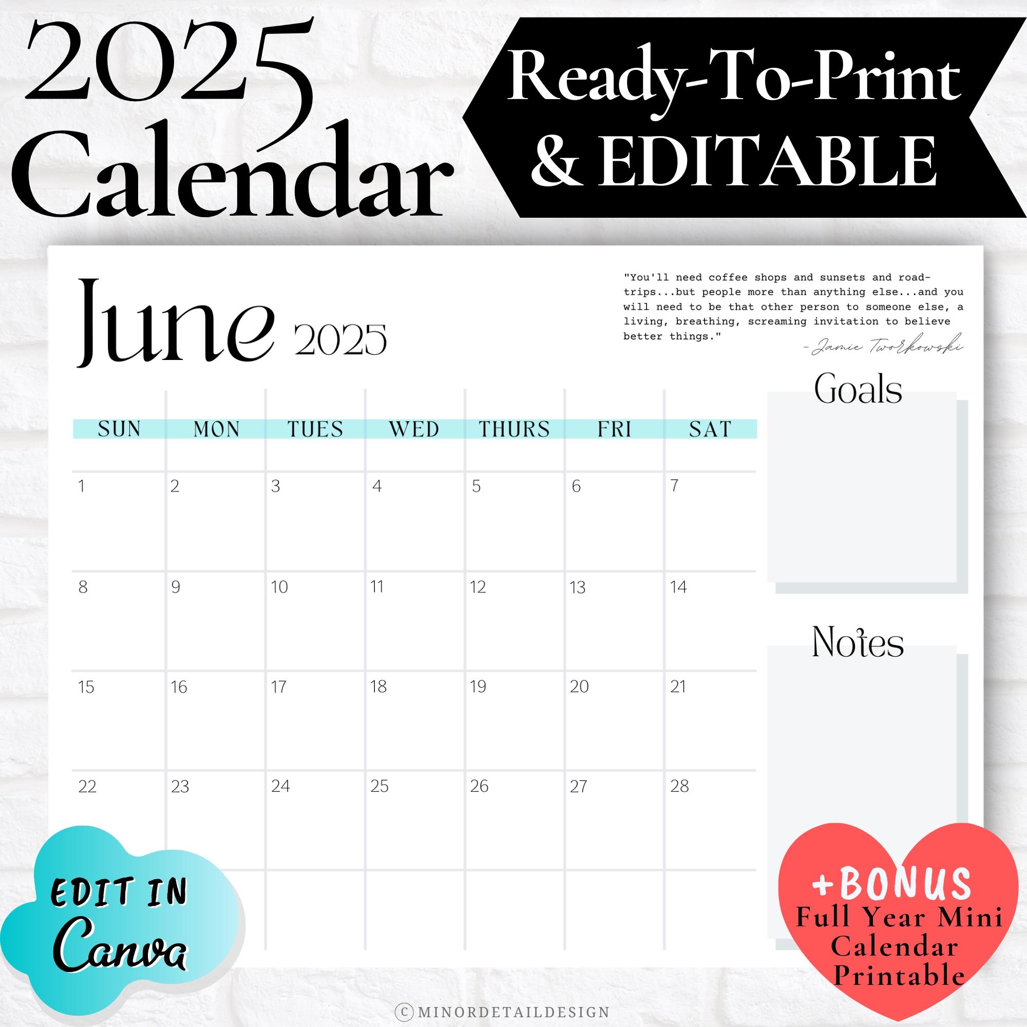 June Calendar Printable June Calendar 2025 June Calendar Planner Desk Calendar Calendar With Notes Section Minimalist White Calendar Etsy
