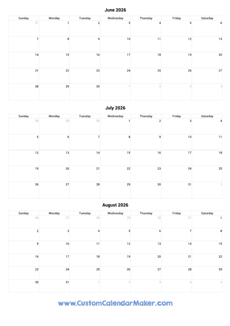 June To August 2026 Calendar Printable Custom Calendar Maker