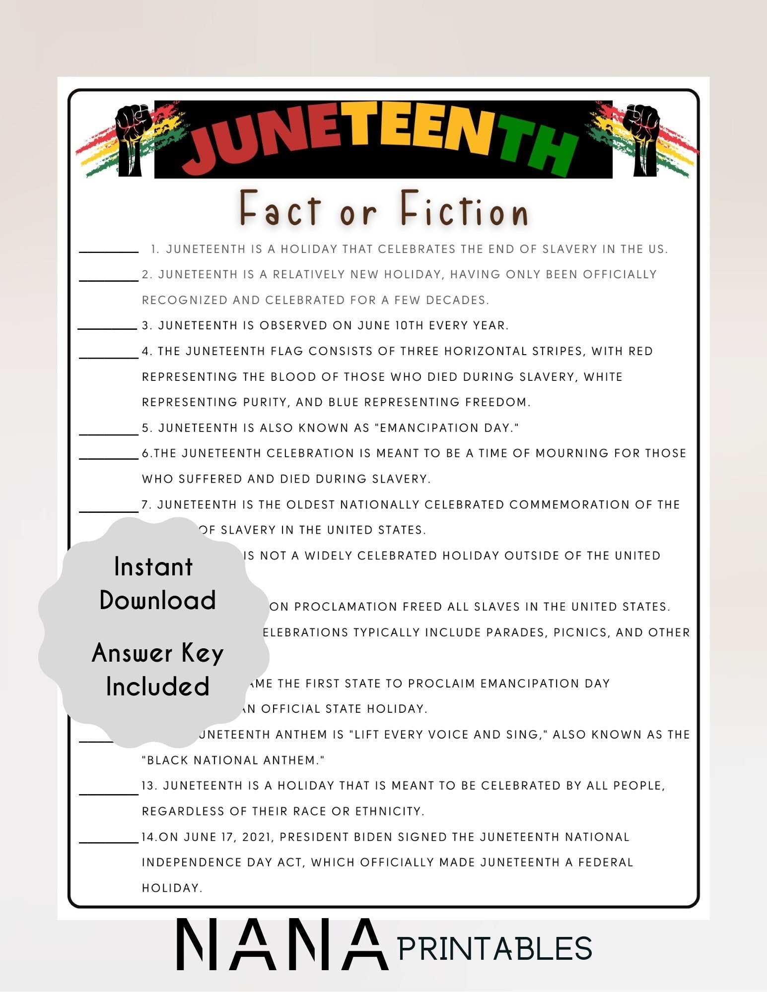 Juneteenth Fact Or Fiction Game Black History Quiz printable PDF Etsy