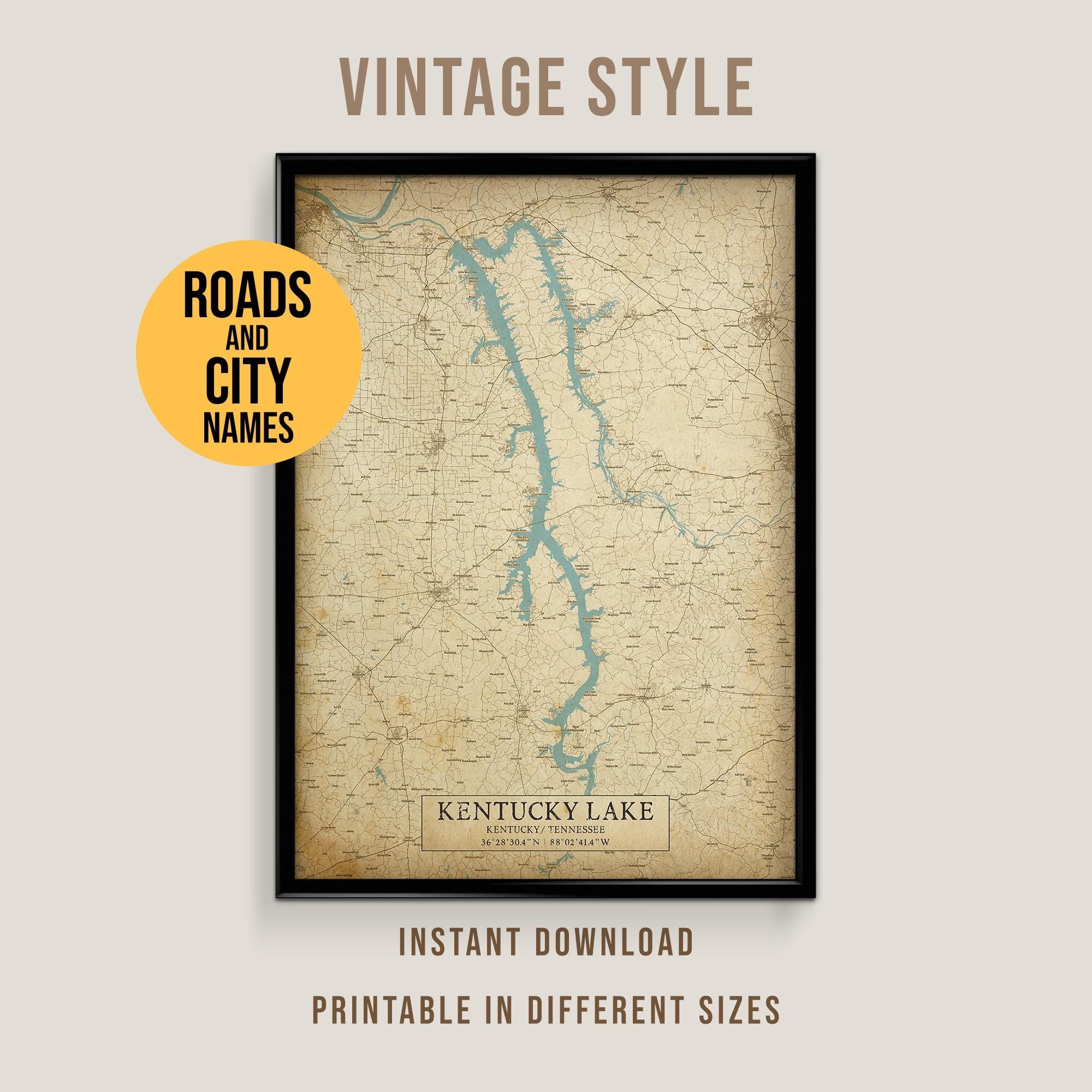 Kentucky Lake Vintage Style Map Printable Tennessee Lake House Poster instant Download Etsy