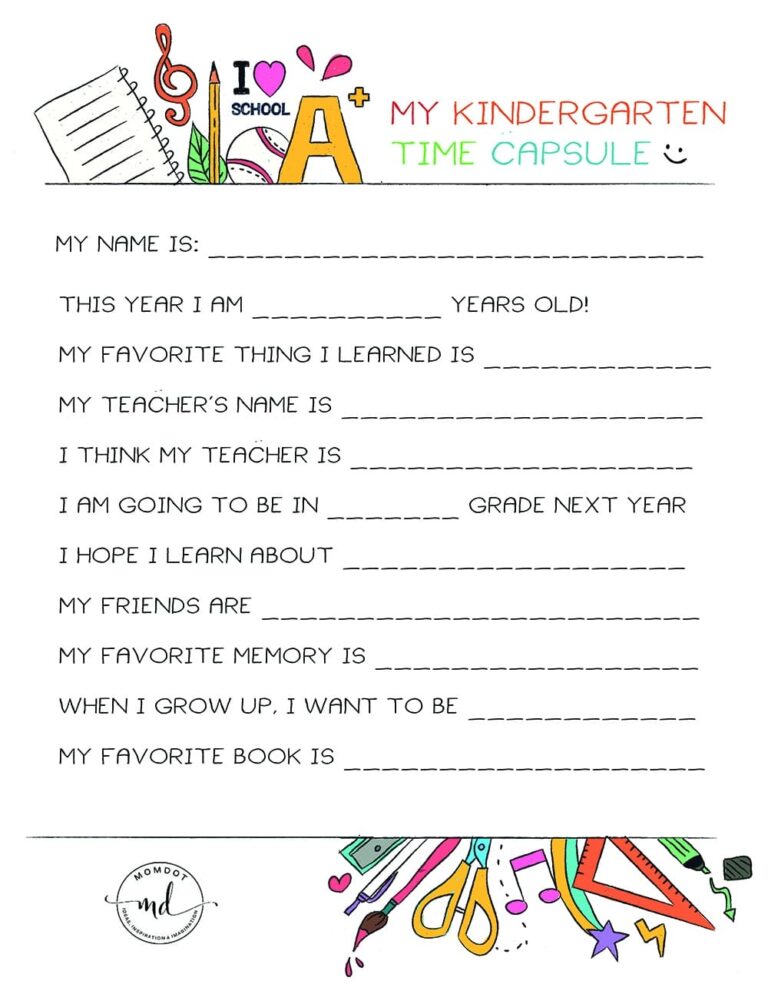 Kindergarten Time Capsule FREE PRINTABLE Momdot