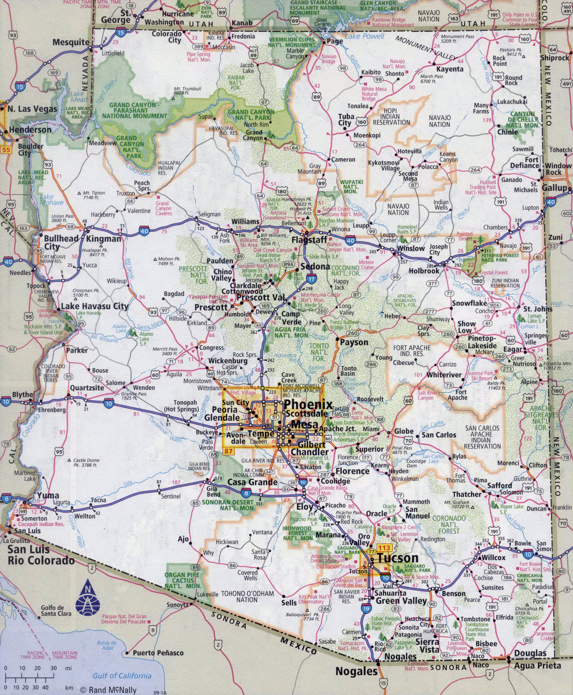 Large Detailed Road Map Of Arizona State With All Cities Vidiani Maps Of All Countries In One Place