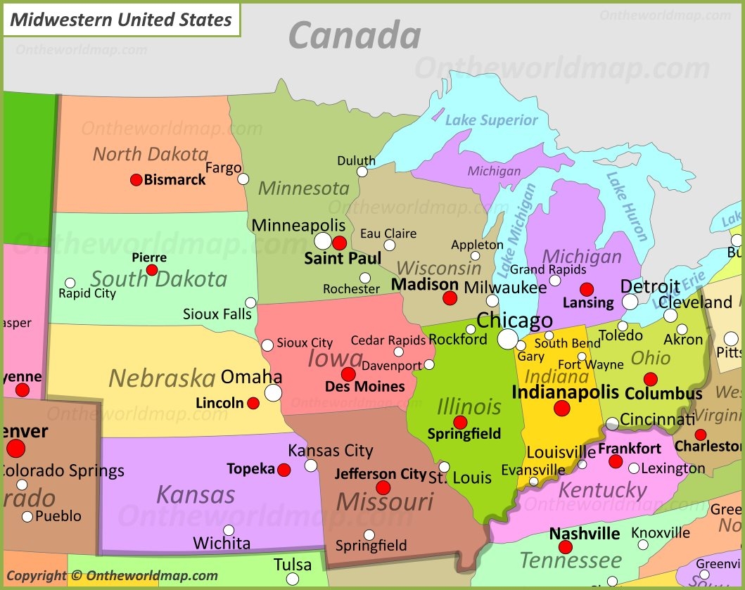 Map Of Midwestern United States Ontheworldmap Map Of Midwestern United States Ontheworldmap