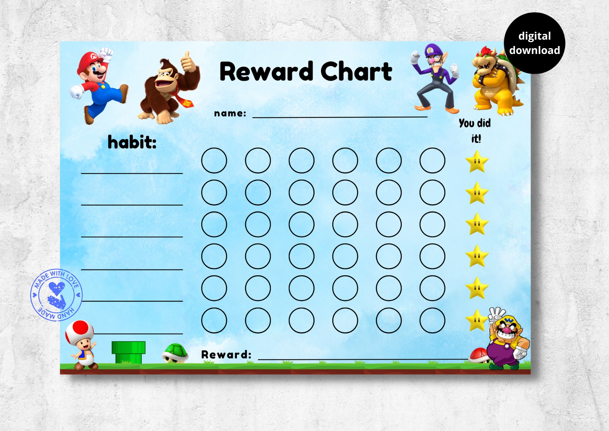 Mario Reward Chart For Kids Bowser Donkey Kong Habit Tracker Behaviour Chart Printable Download Digital A4 Etsy
