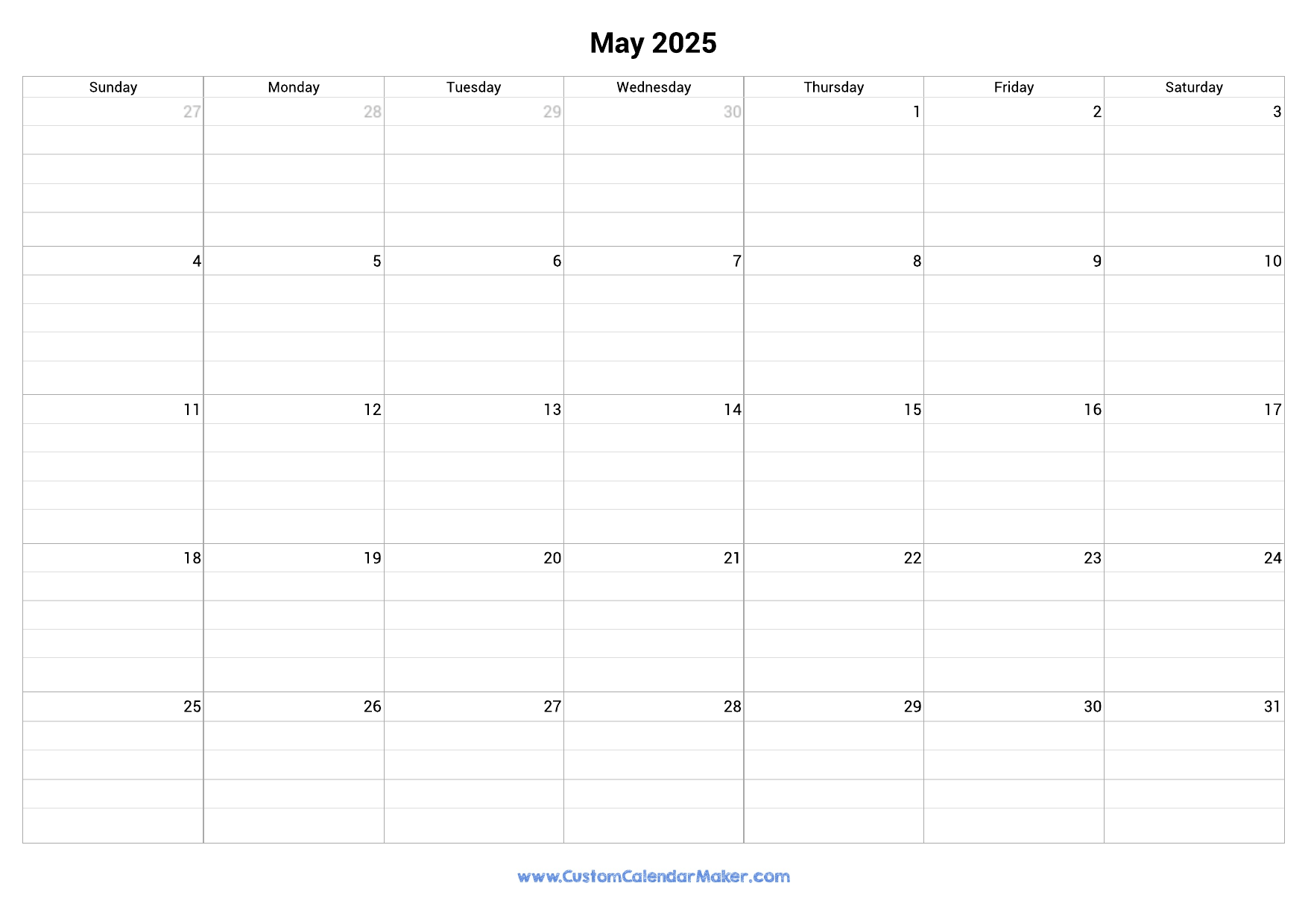 May 2025 Fillable Calendar Grid With Lines Custom Calendar Maker