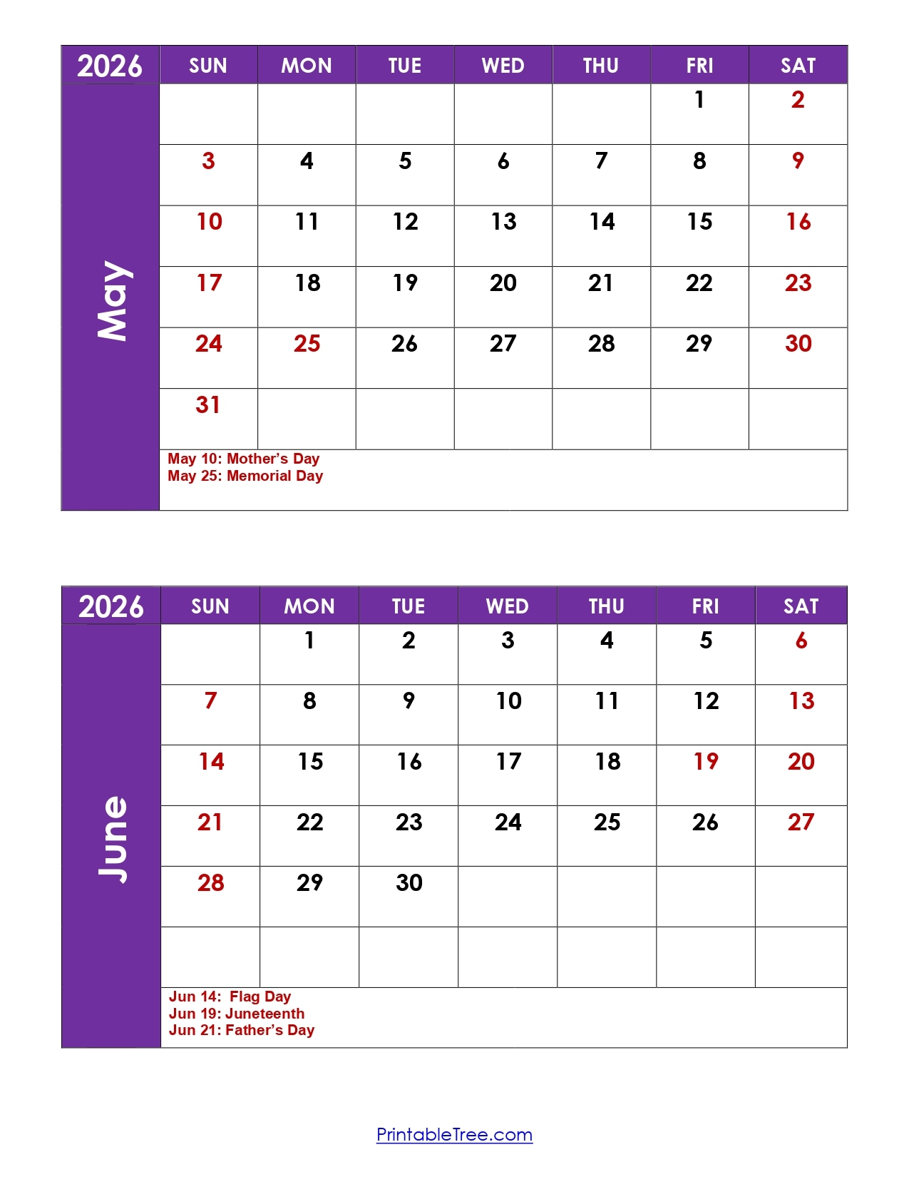 June 2026 Calendar With Holidays Printable