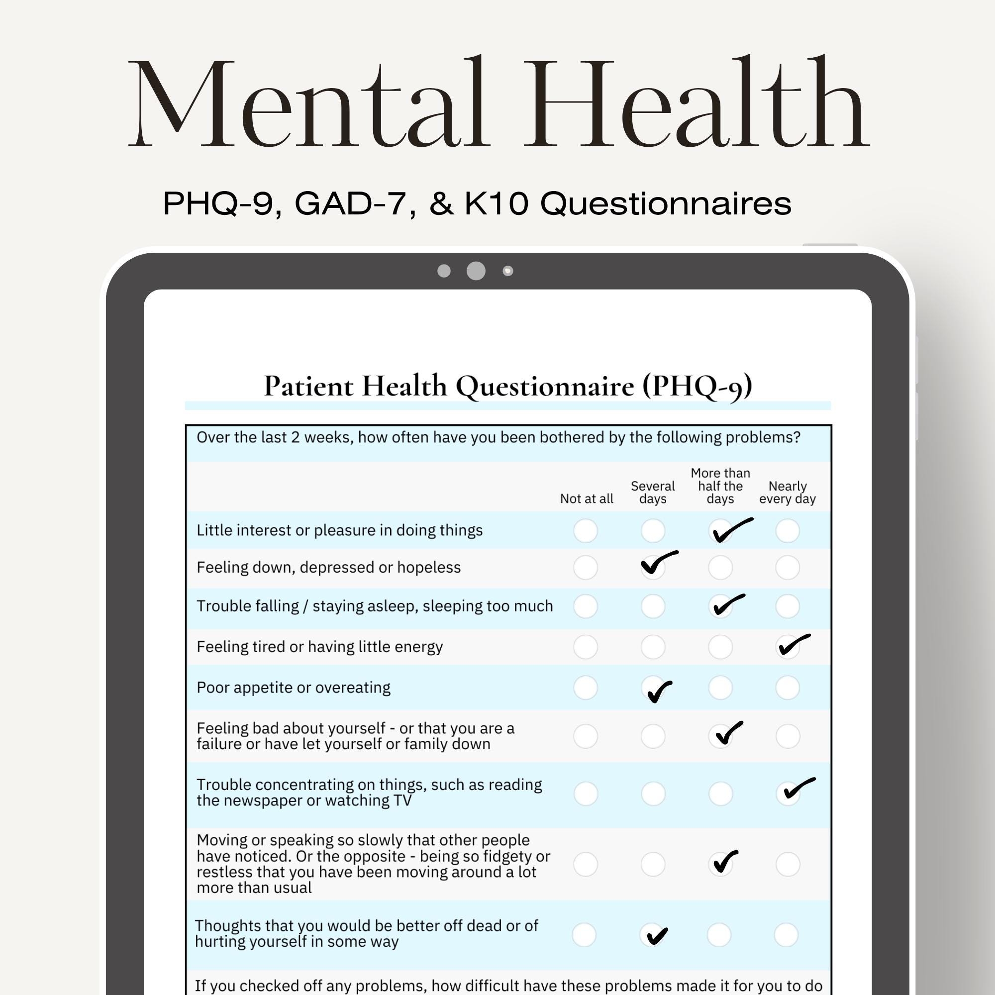 Mental Health Tracker PHQ 9 GAD 7 And K10 Questionnaires Printable Depression Anxiety Therapy Digital Download PDF Etsy