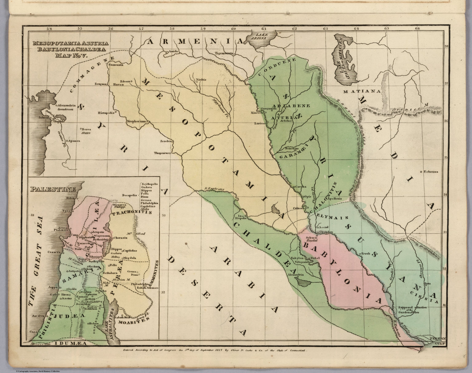 Mesopotamia Assyria Babylonia Chaldea Map No V Entered According To Act Of Congress 5th Day Of September 1827 By Oliver D Cooke Co Of The State Of Connecticut inset Map Palestine 