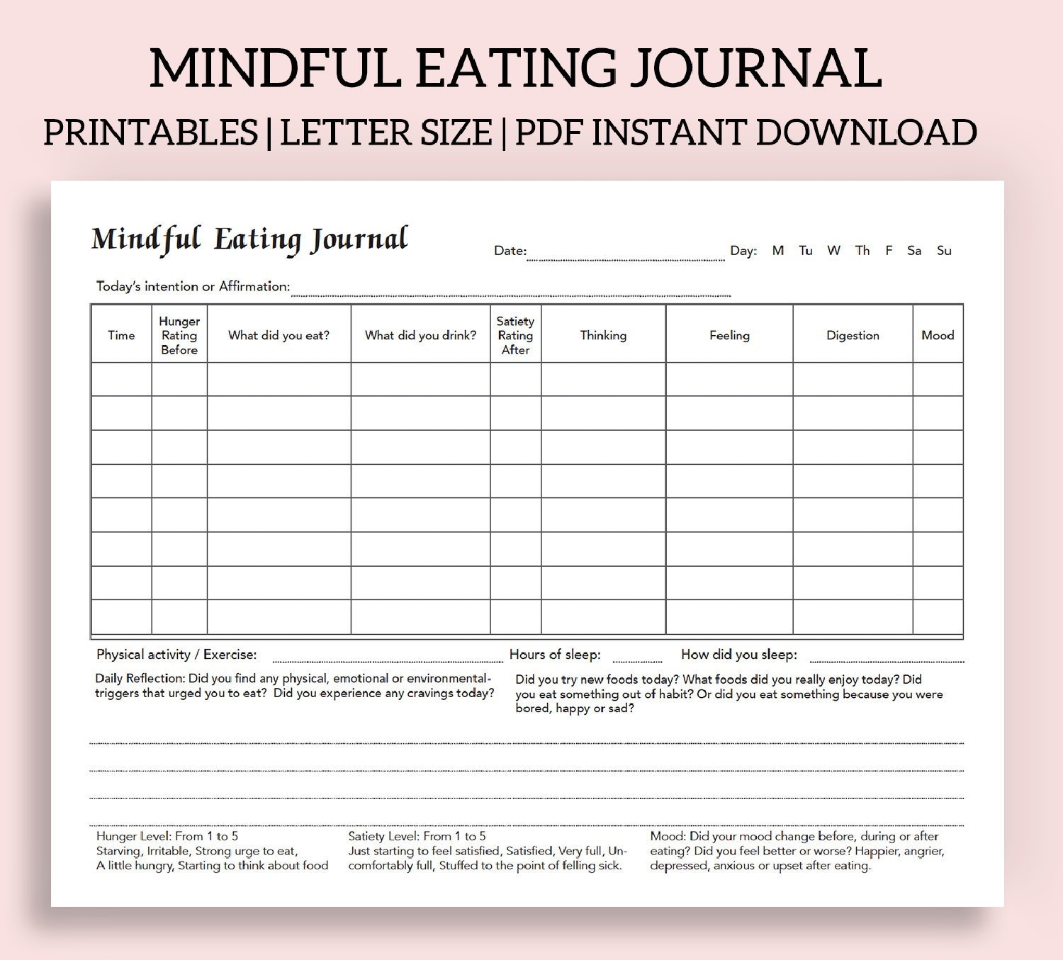 Mindful Eating Journal Printable And Fillable PDF Intuitive Eating Journal Food Journal Conscious Eating Instant Download Etsy
