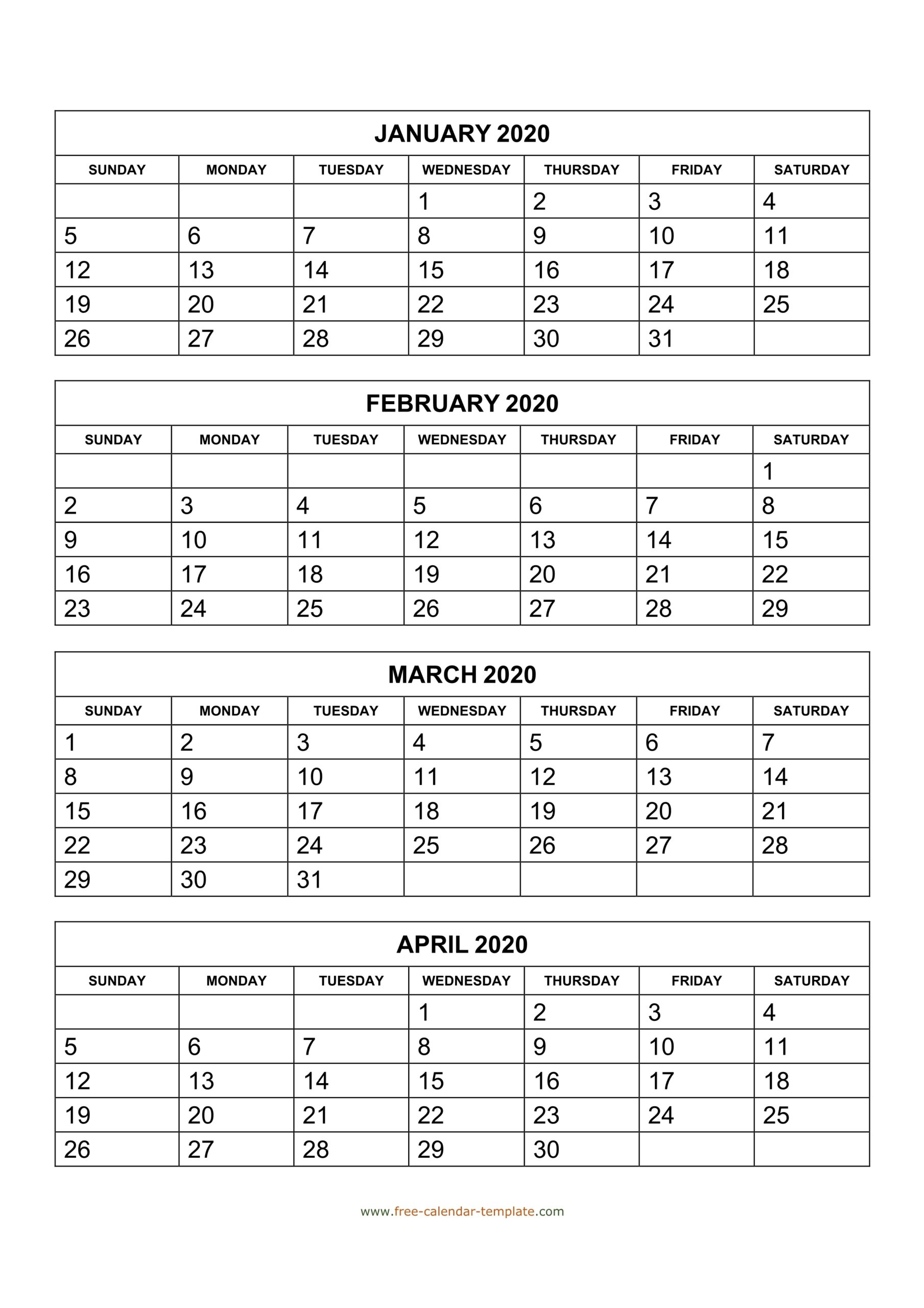 Monthly 2020 Calendar 4 Months Per Page vertical Free calendar 