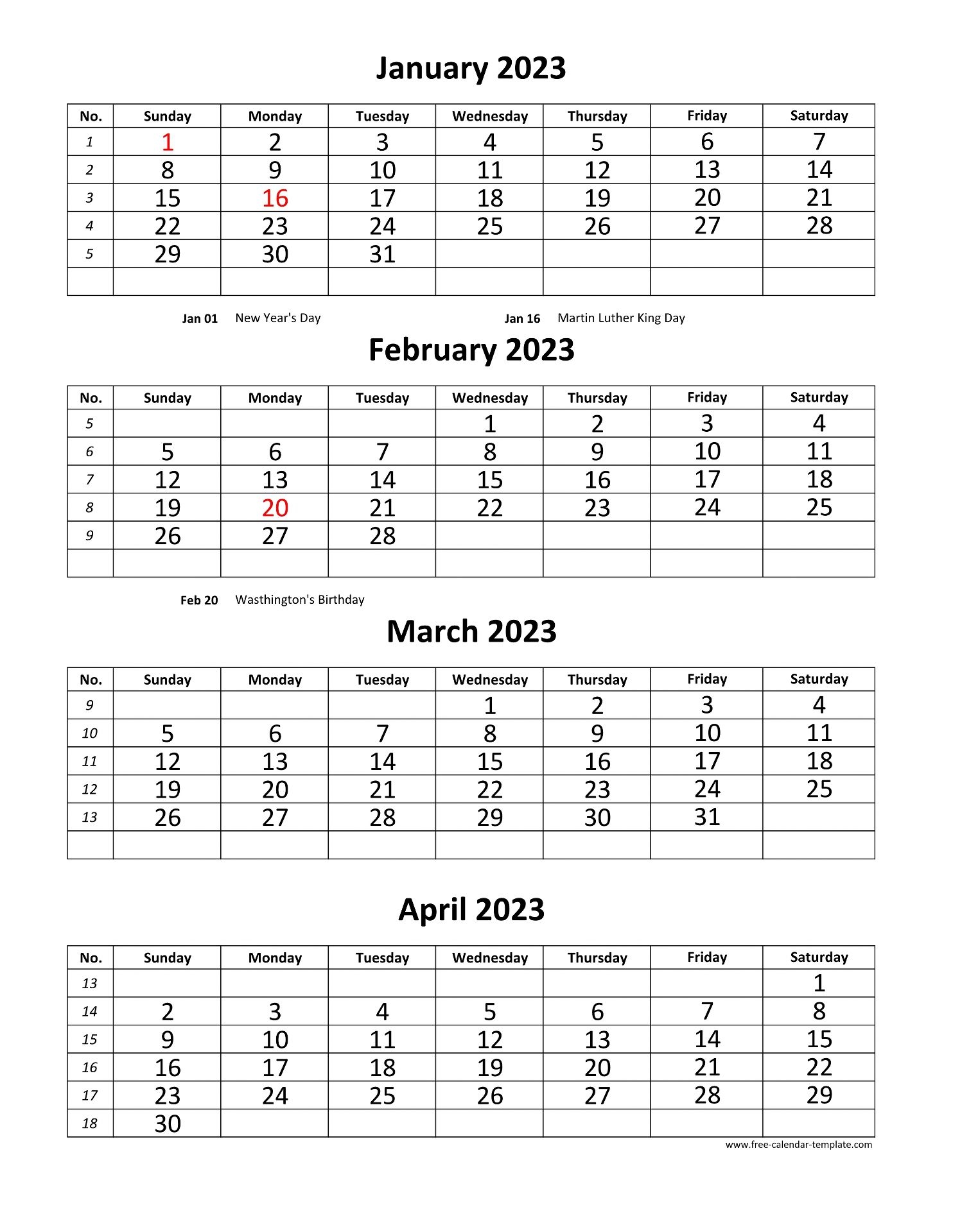 Monthly 2023 Calendar 4 Months Per Page vertical Free calendar template Monthly 2023 Calendar 4 Months Per Page vertical Free calendar template