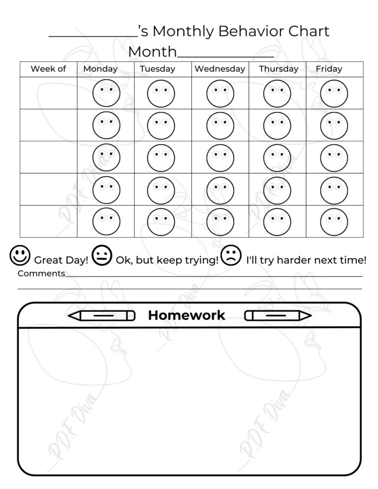 Monthly Behavior Chart W homework Section Etsy Australia