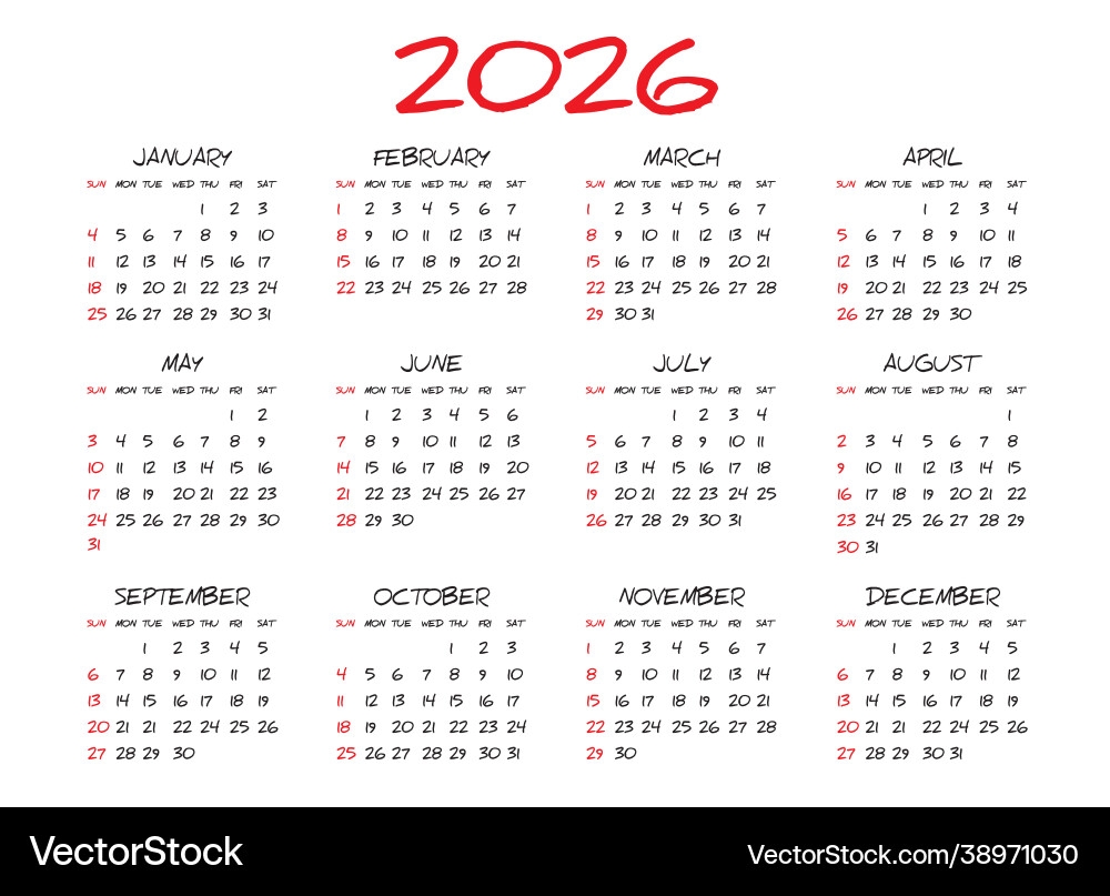 Monthly Calendar Template For 2026 Year Royalty Free Vector VectorStock