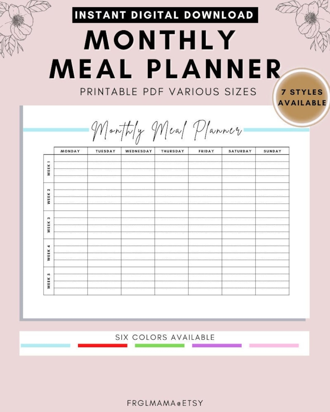 Monthly Menu Calendar Printable