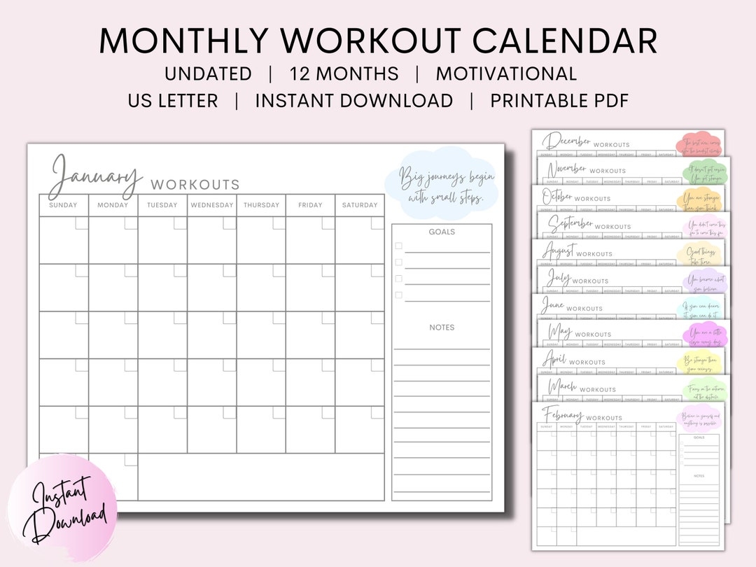 Monthly Workout Planner Fitness Tracker Perpetual Calendar Motivational Quotes Printable PDF INSTANT DOWNLOAD Etsy
