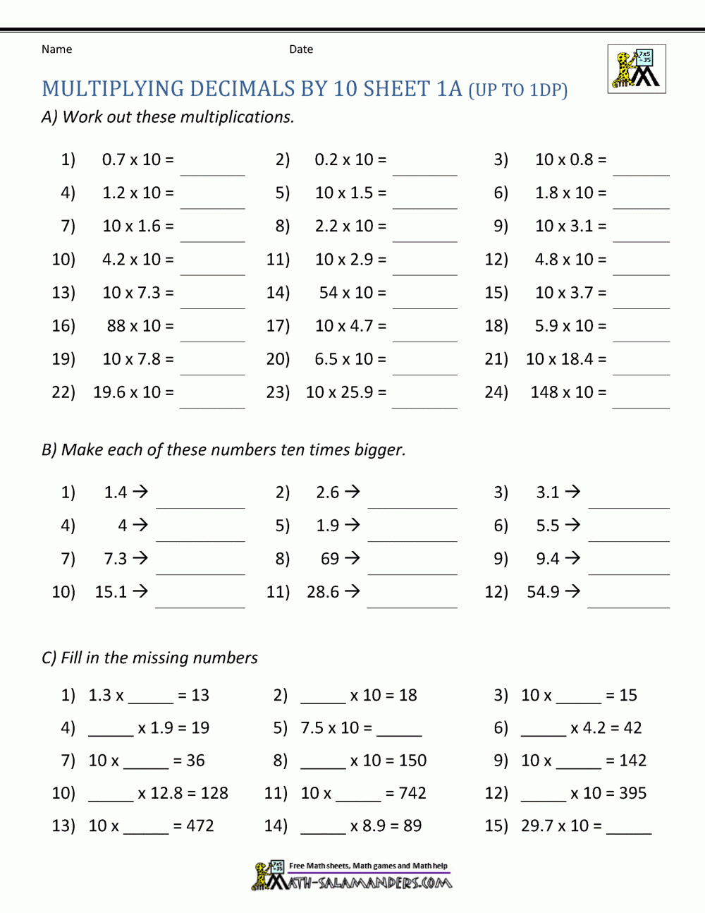 Multiplying Decimals Printable Worksheets