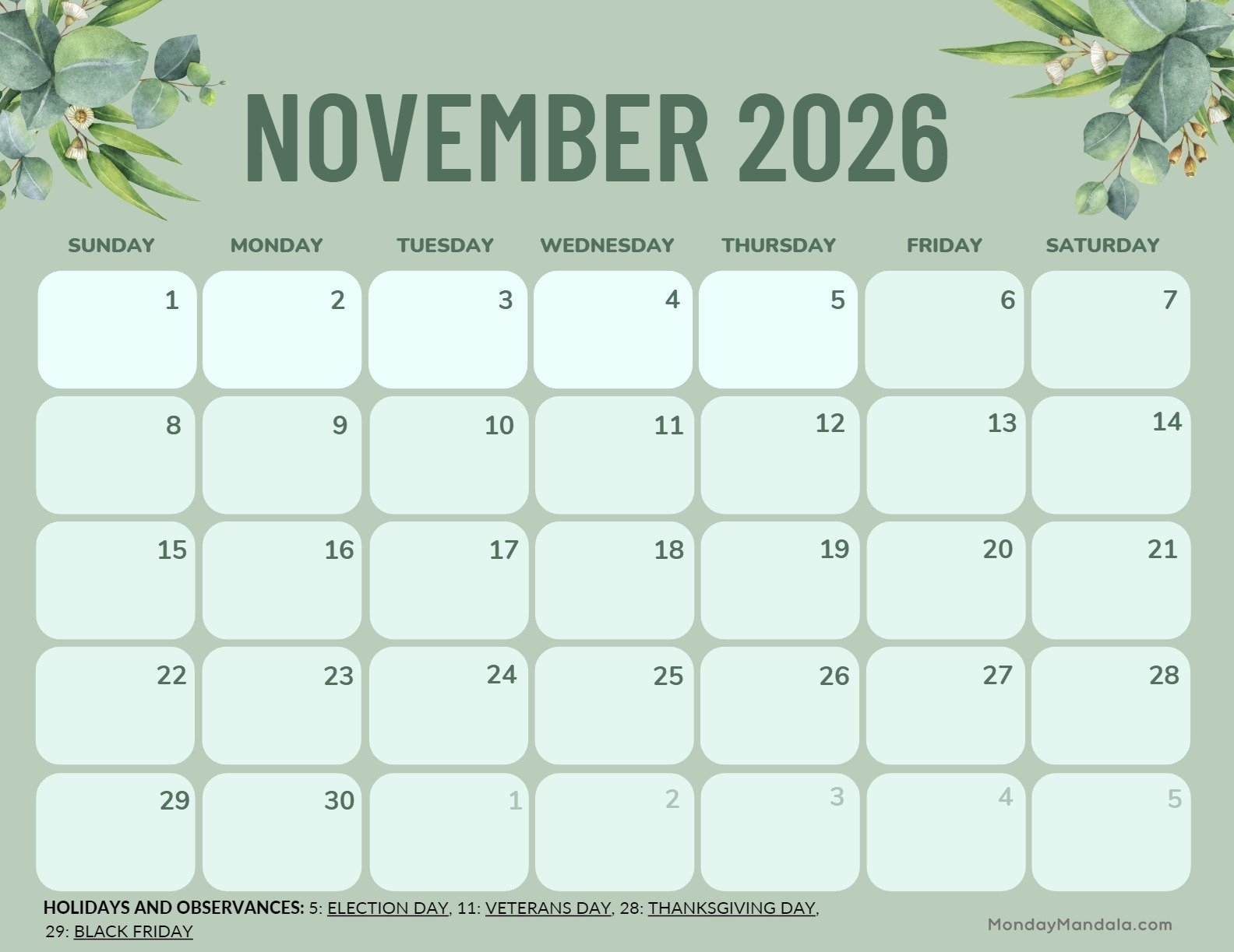 Free Printable Calendar November 2026 Free Printable Calendar November 2026