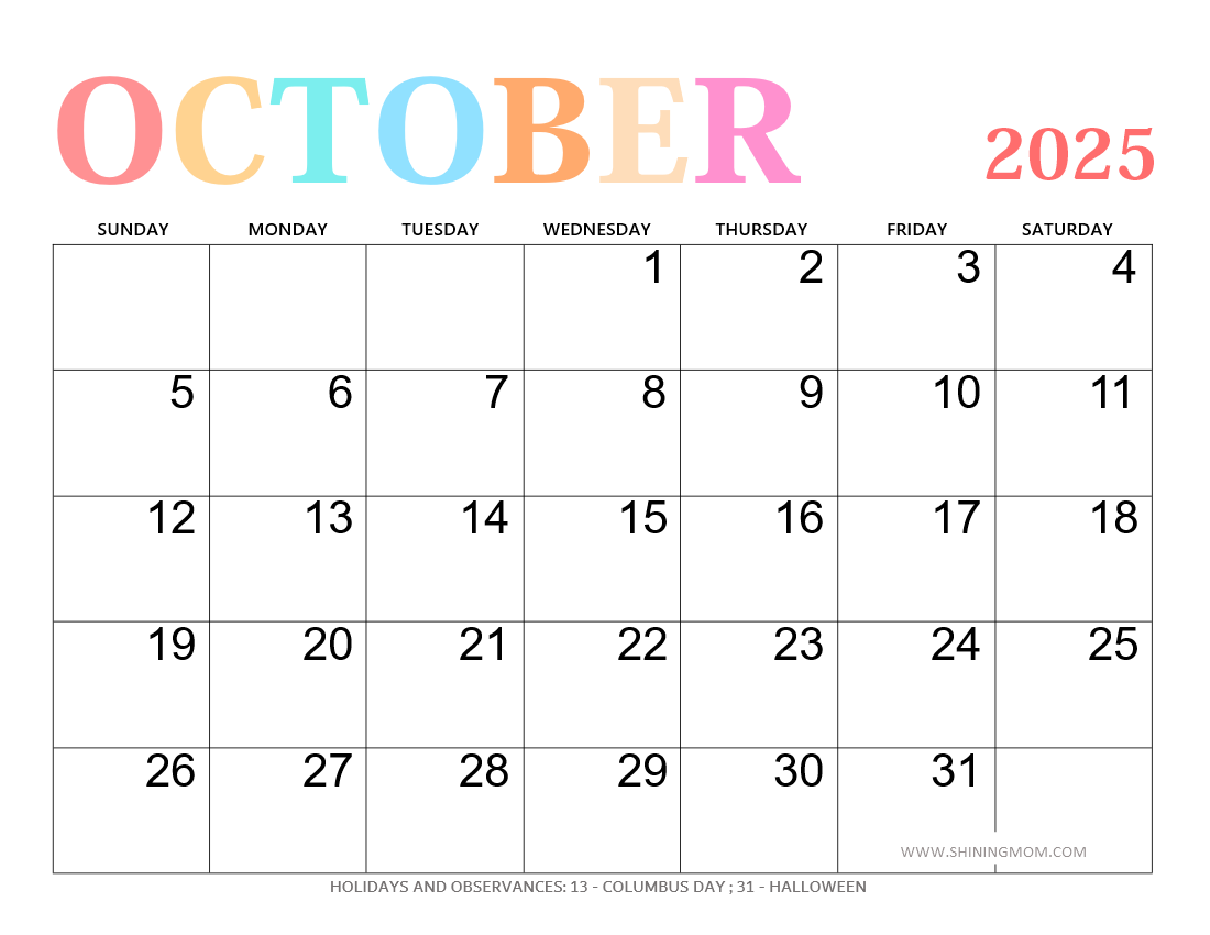 October 2025 Calendar With Holidays 50 Best Free Printables