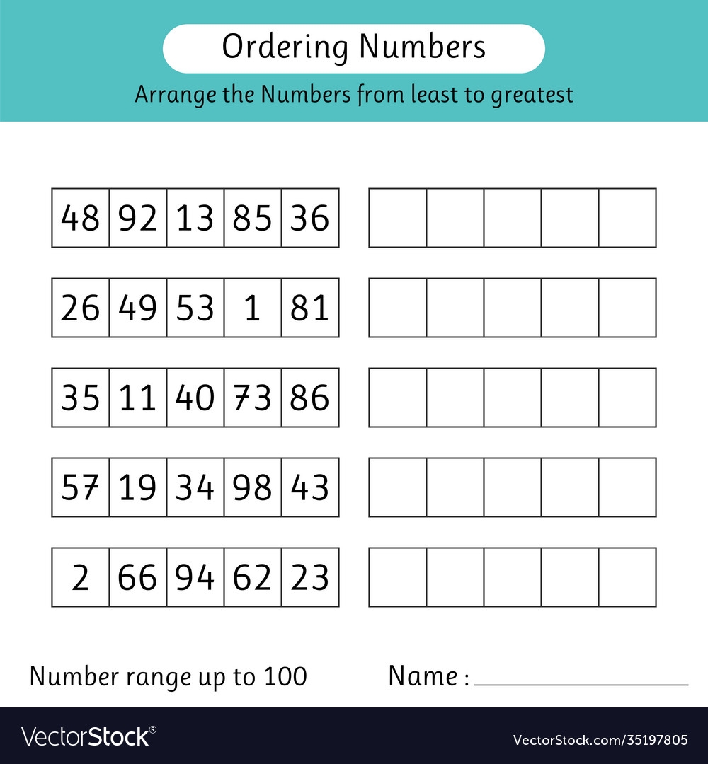 Ordering Numbers Worksheet Arrange Royalty Free Vector Image