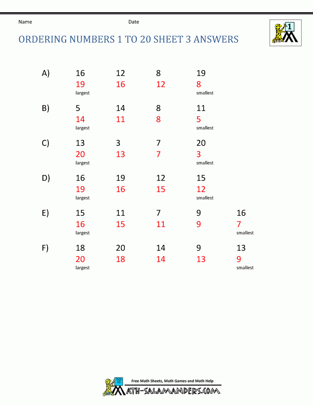 Free Printable Ordering Numbers Worksheets