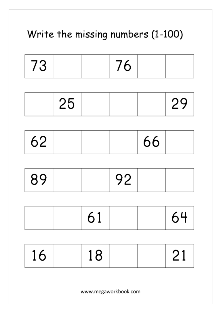 Ordering Numbers Worksheets Missing Numbers What Comes Before And After Number 1 10 1 20 1 50 1 100 Free Printables MegaWorkbook