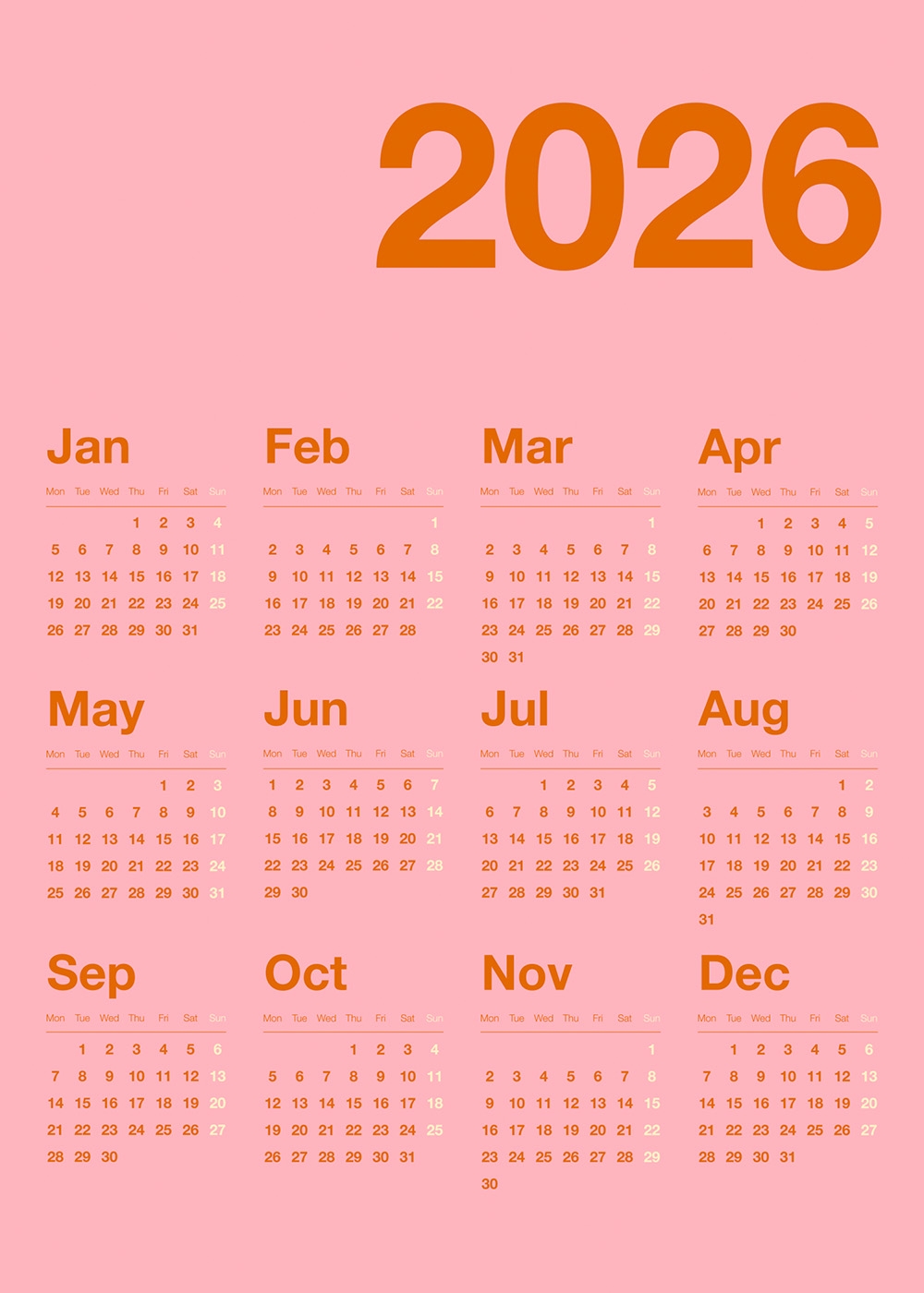Pink Calendar 2026 Print