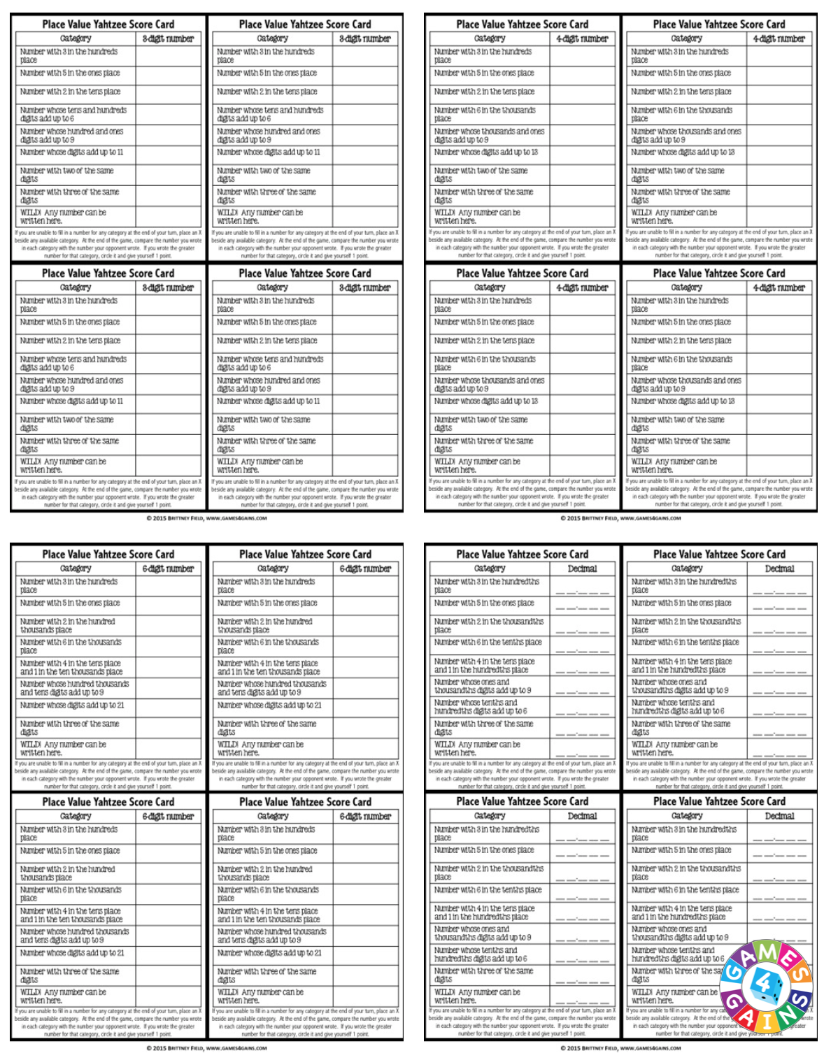 Place Value Yahtzee Game Games 4 Gains