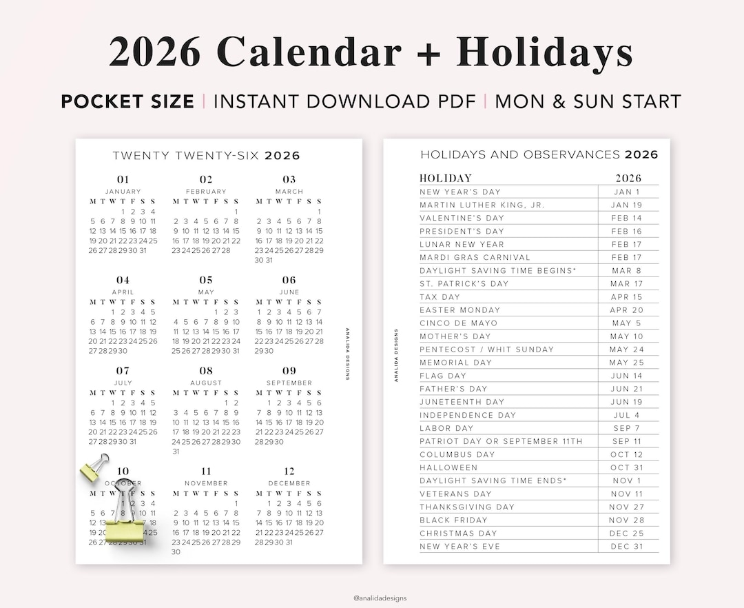 POCKET 2026 Year Calendar With Holidays On 2 Pages Printable Year At A Glance Desk Calendar Sunday Monday Start Pocket Size Insert Etsy