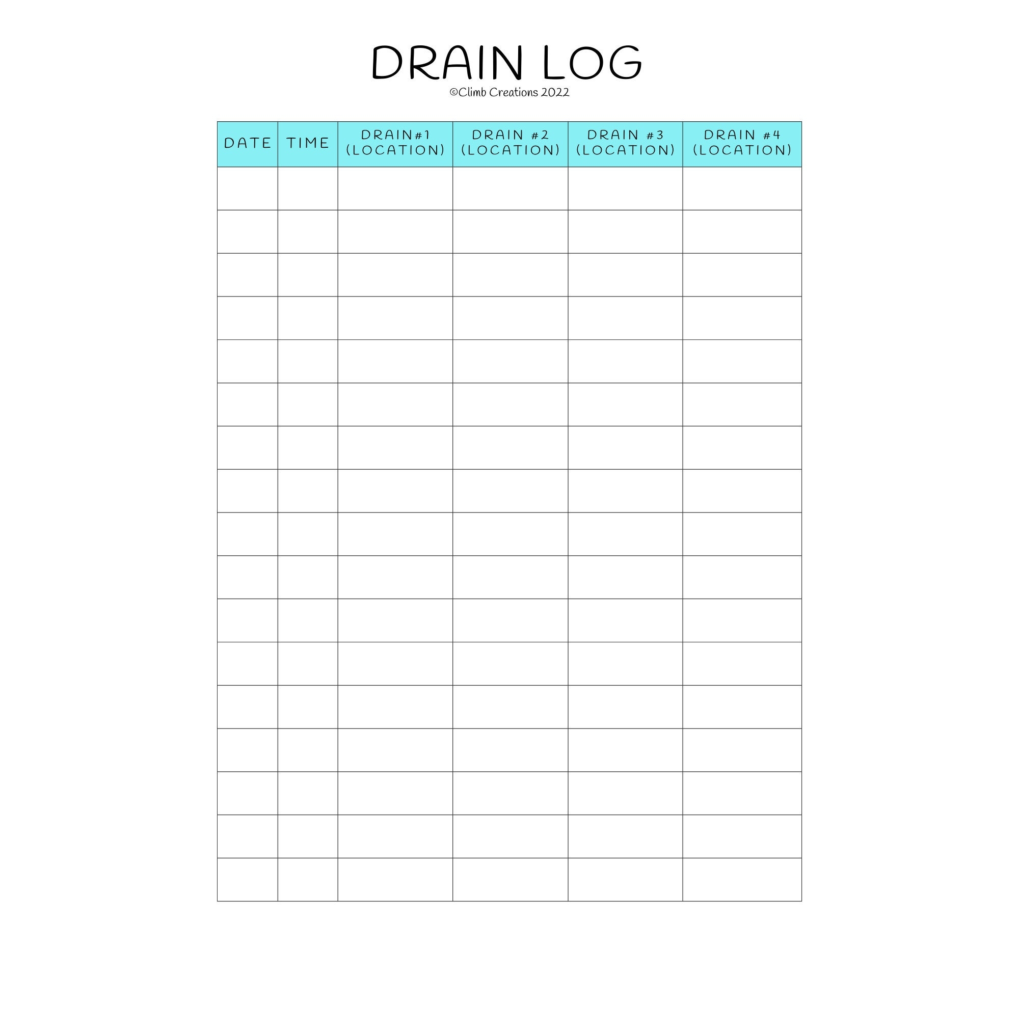 Printable Drain Log Sheet