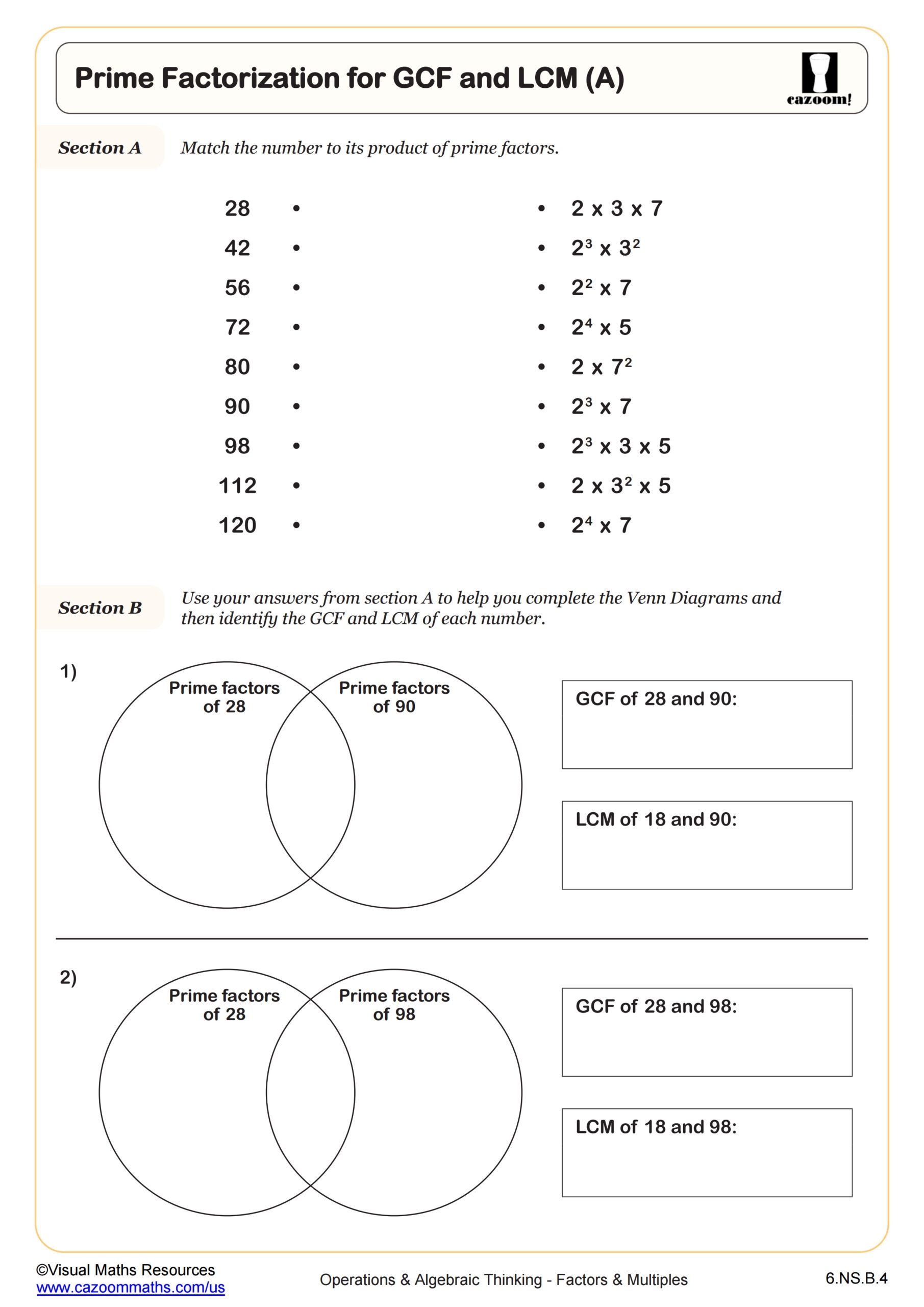 Prime Factorization For GCF And LCM A Worksheet PDF Printable Operations U0026 Algebraic Thinking Worksheet