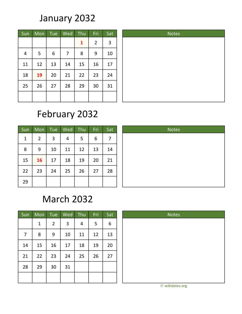 Calendar 2032 Printable