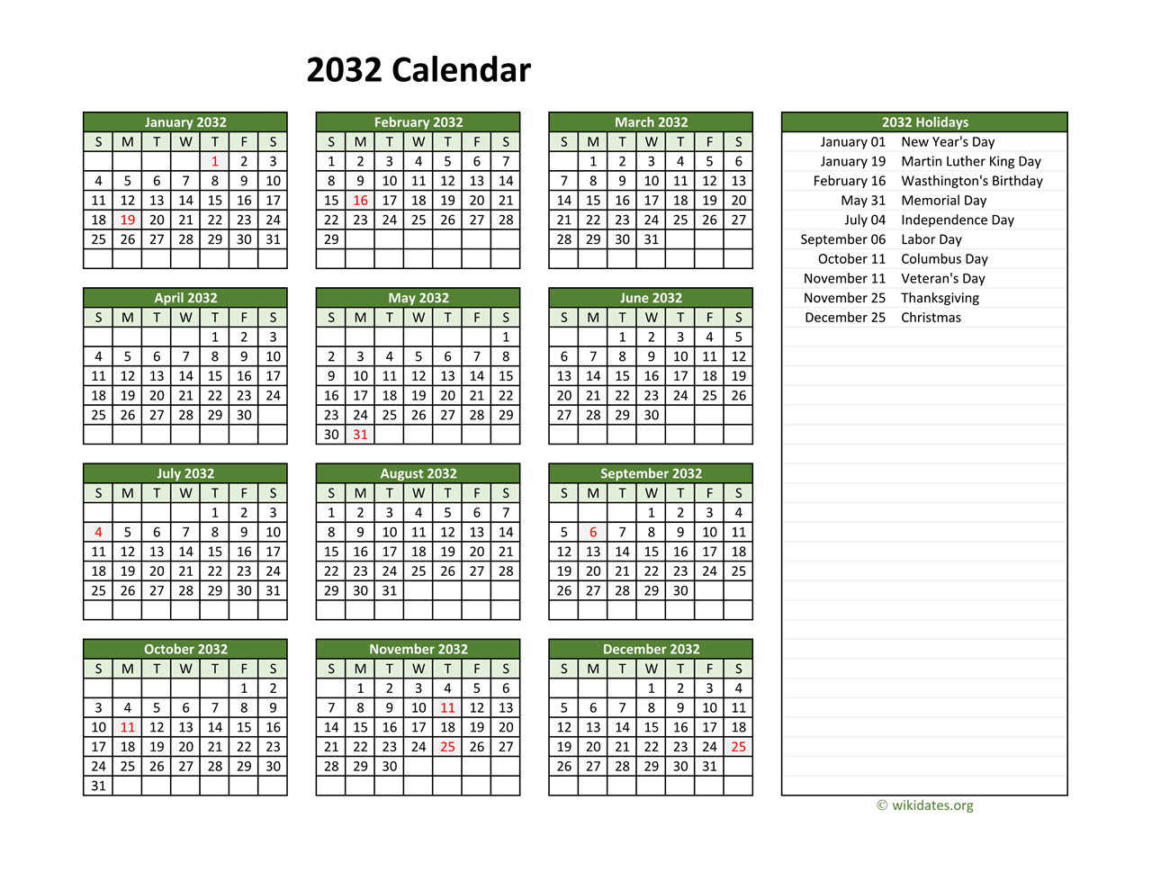 Printable 2032 Calendar With Federal Holidays WikiDates