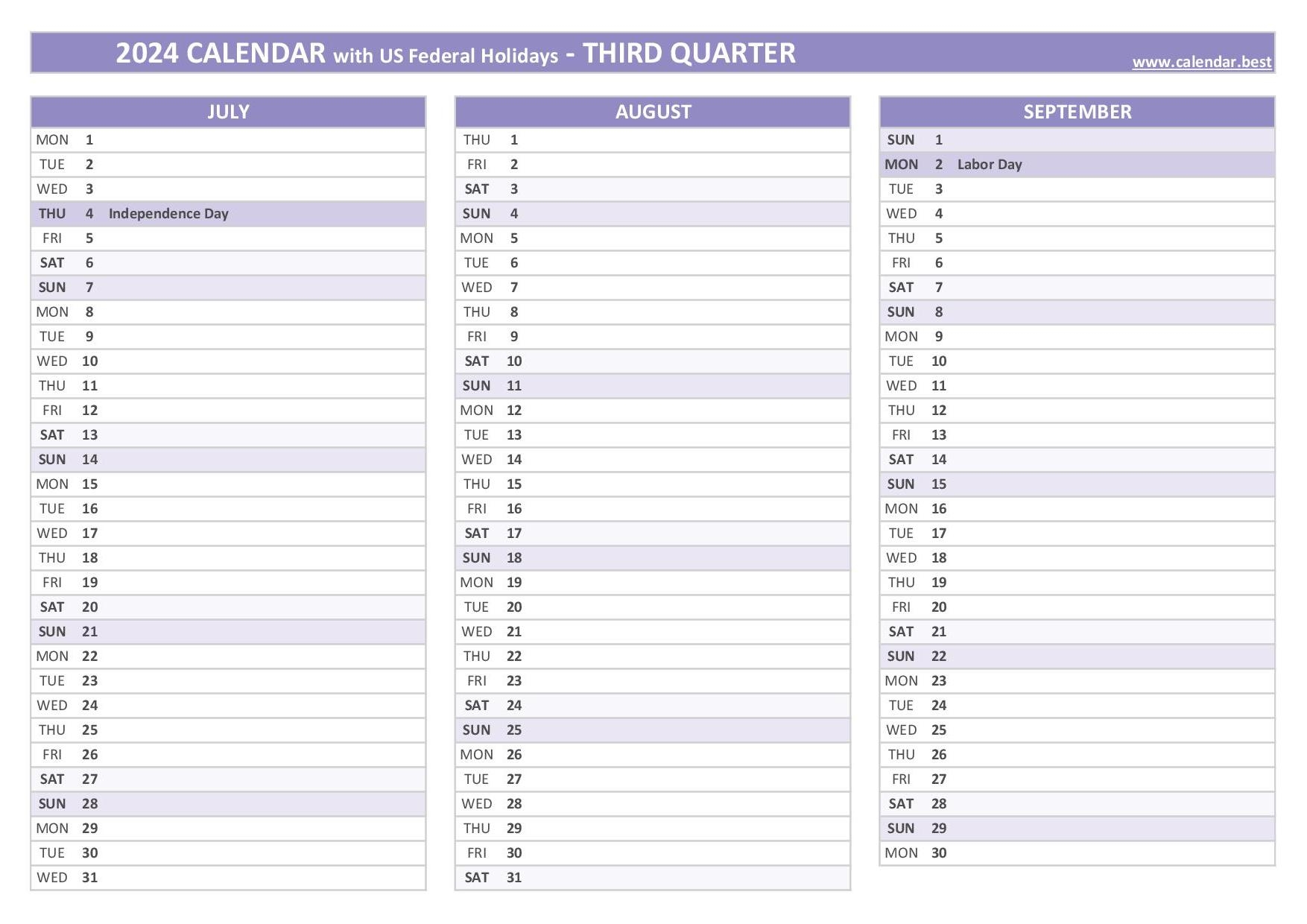Printable 3rd Quarter 2024 Calendar