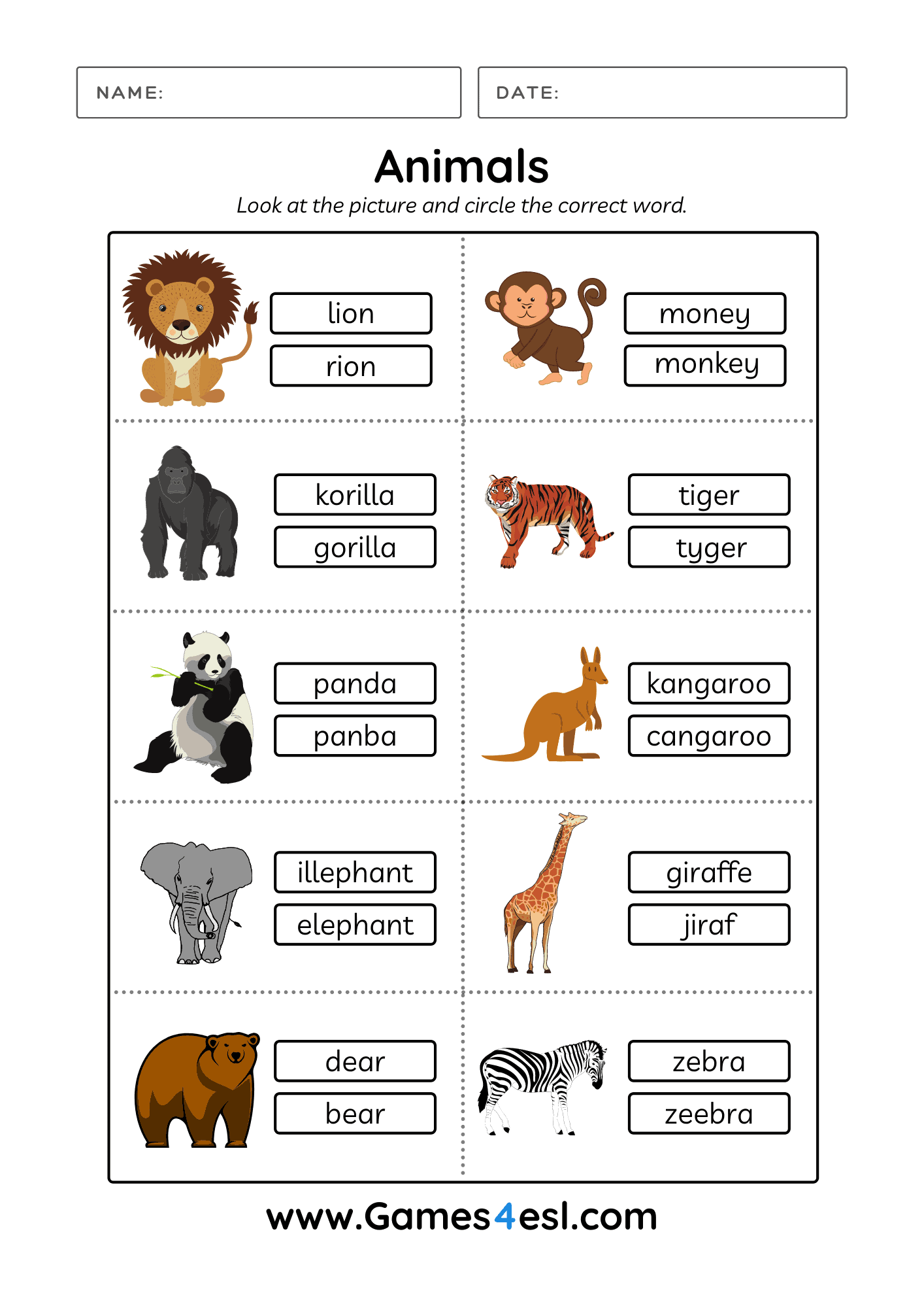 Printable Animal Worksheets For Kids And ESL Learners Games4esl
