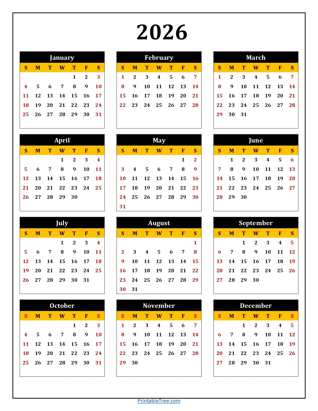 Yearly 2026 Calendar Printable Yearly 2026 Calendar Printable